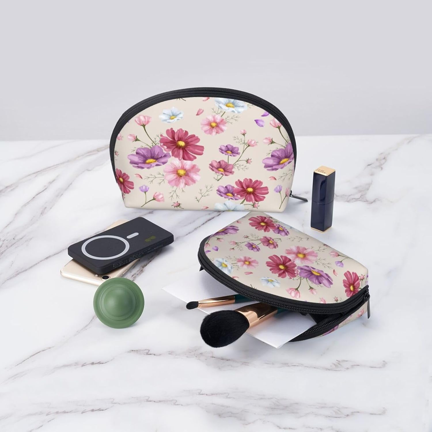 Cozimangoe Coin Pouch Makeup Bags Set, 2 Piece Shell Shape Cosmetic Bag with Pockets for Daily Travel Handbag Lipstick Keys Toiletry, Personalized Hand Drawn Cosmos Flower Pattern image number 6