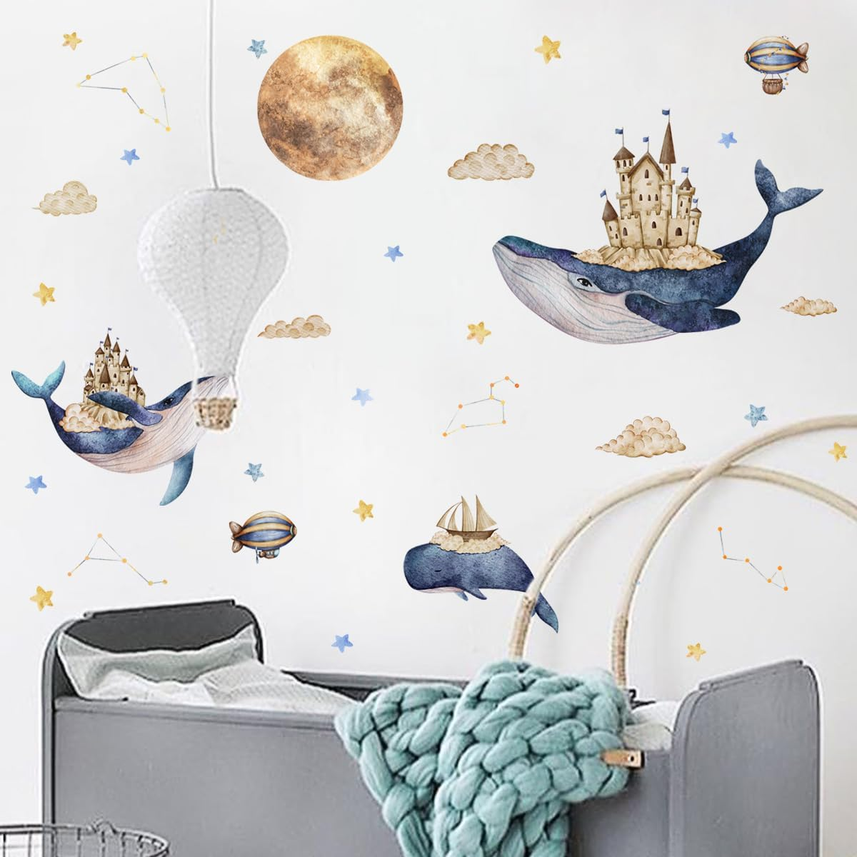 Whale Castle Wall Stickers,Large Whales Dolphins Star Moon Wall Art Decals Peel and Stick Wall Stickers for Boy Bedroom Kids Room Baby Nursery image number 4