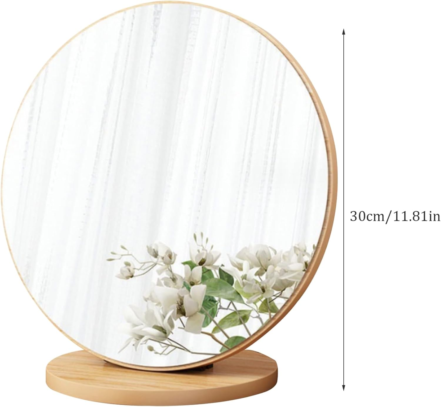 Round Makeup Mirror with Wooden Base 11.8" Makeup Mirror 90&deg; Rotating Tabletop Mirror for Home Dorm & Bedroom Dressing Table image number 2