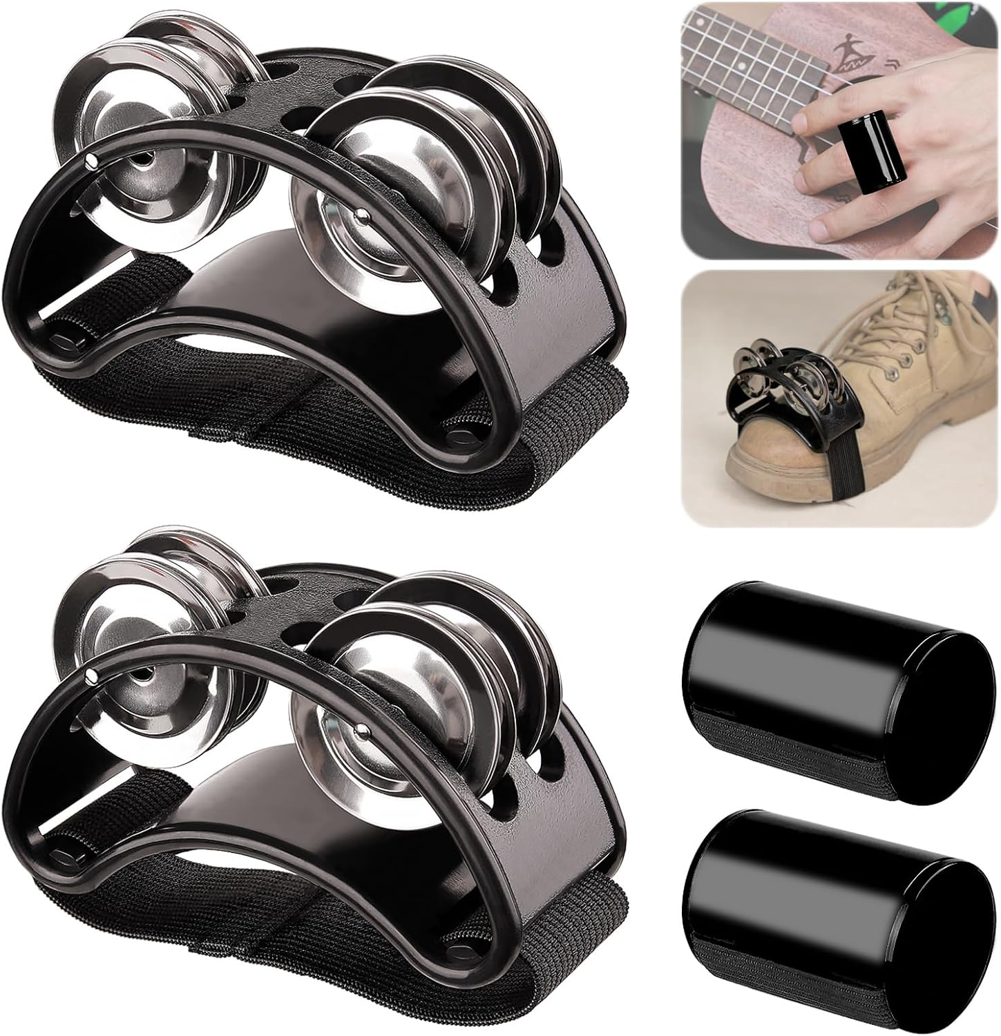 2 Set Foot Tambourine Shaker & Rhythm Finger Shaker with Elastic Strap, Percussion Musical Instrument Set for Ukulele Guitar Drum Mandolin Banjo Playing (Black) image number 1
