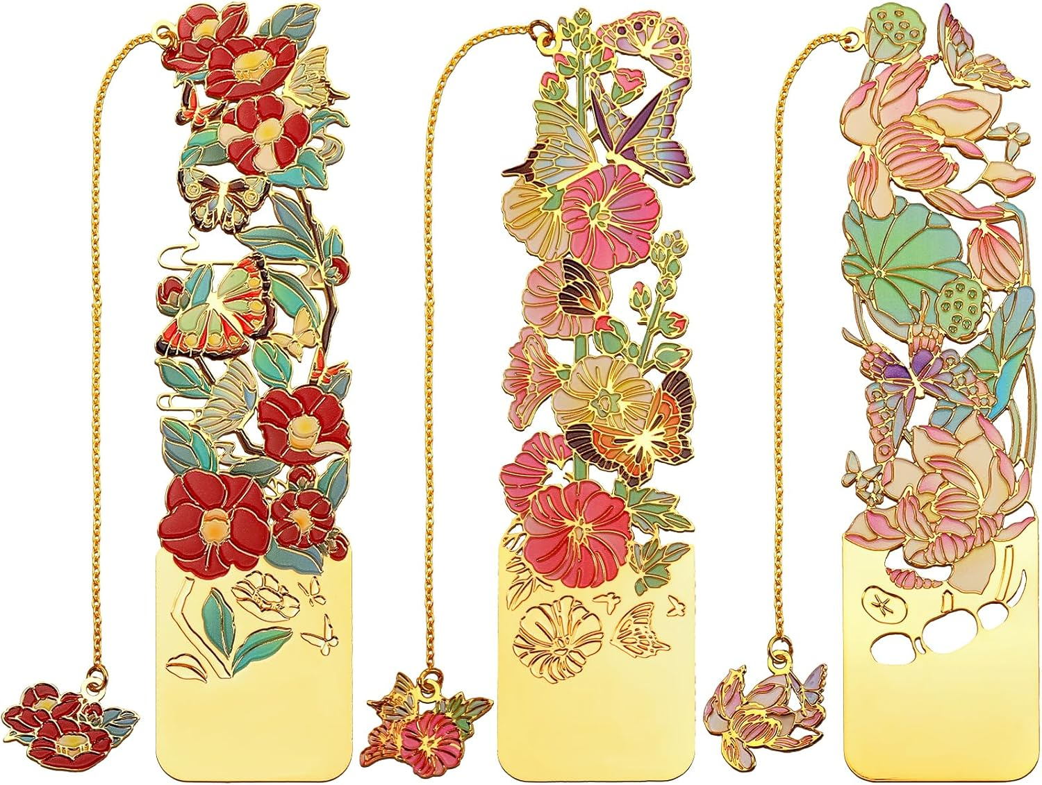 Sgbvzbd 3 PCS Metal Bookmarks, Bookmarks for Reading Women, Pretty Bookmarks for Women, Beautiful Metal Bookmark, Beautiful Flower Bookmark, Peach Blossom, Cottonrose Hibiscus, Peony (BKM-050-001) image number 5