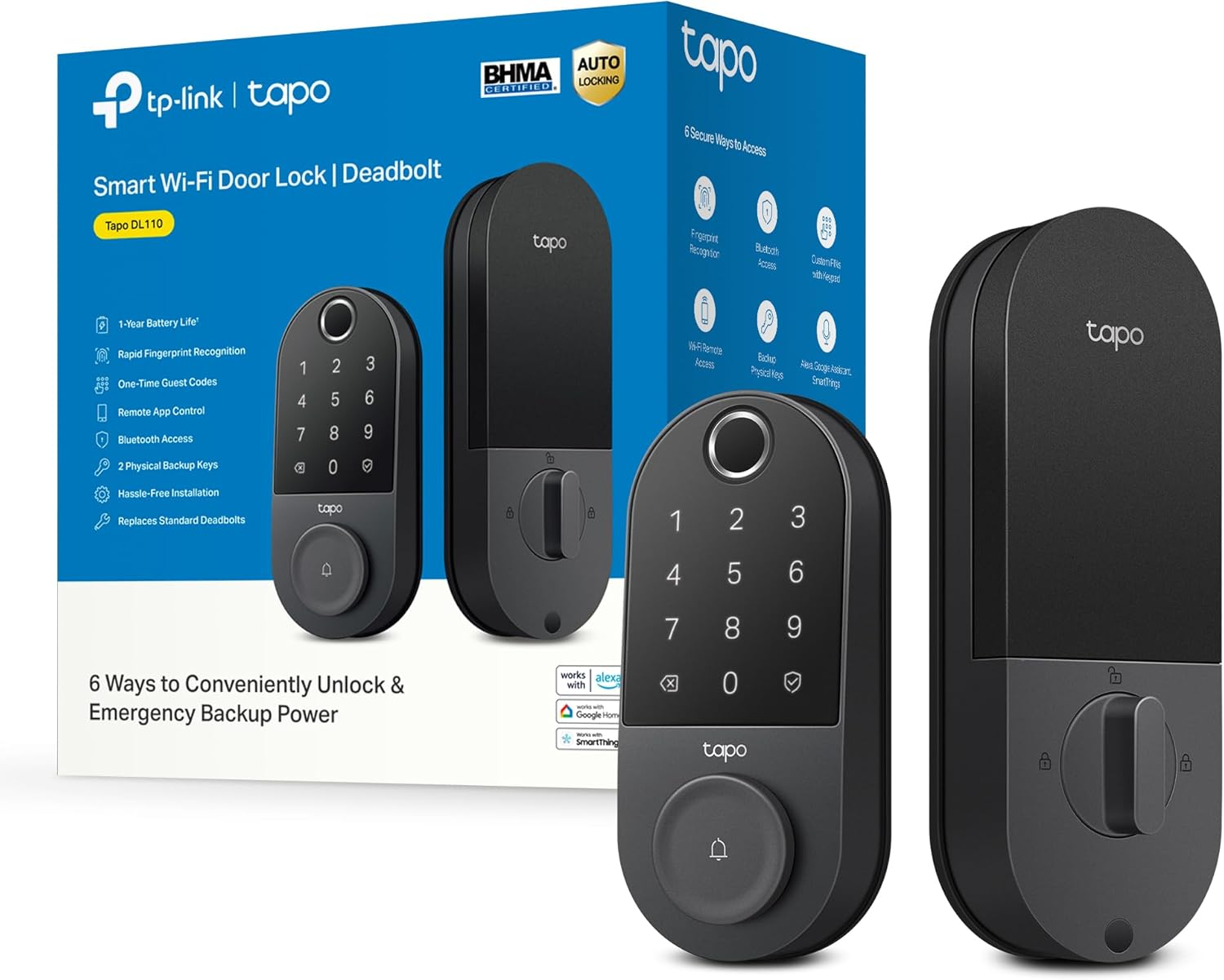 Tp-Link Tapo Smart Door Lock, Deadbolt | Keyless Entry, Fingerprint Recognition, Touchscreen Keypad & In-App Monitoring with Scheduled Access | 1-Year Rechargeable Battery | BHMA Grade 2 | Tapo DL110