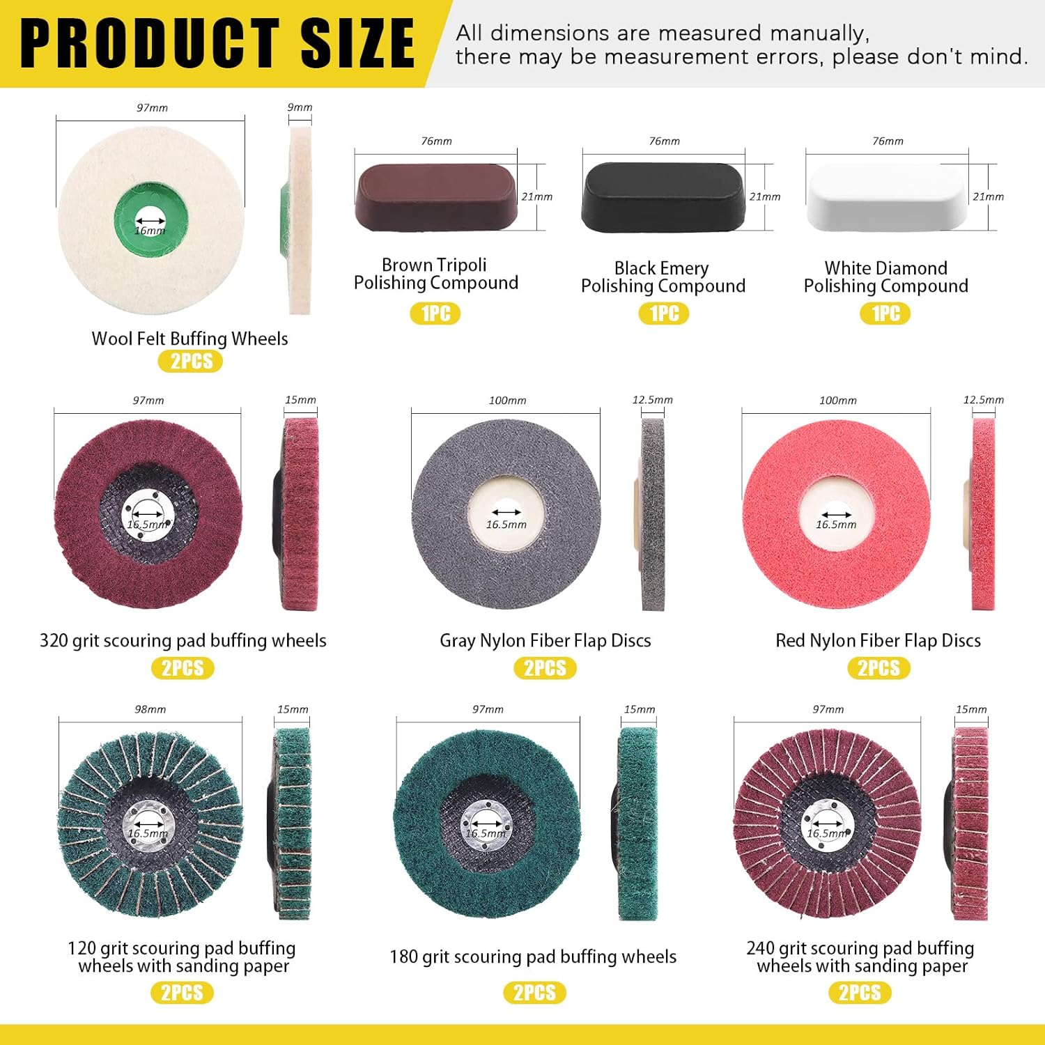 Mardatt 17 Pcs 4'' Polishing Buffering Wheels Assorted Set with Compound Includes 14 Pcs Wool & Nylon Fiber Sanding Flap Discs and 3Pcs Black, Brown & Green Compounds for Angle Grinder image number 2