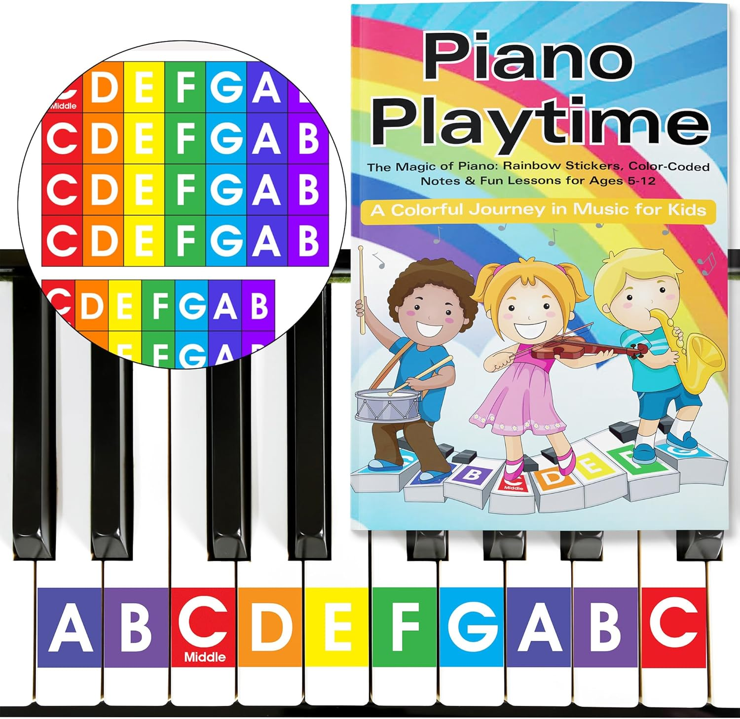 QMG Rainbow Color Piano and Keyboard Sticker and Kids Piano Learning Book Easy to Follow Instructions for Kids, Beginner Piano Book for Children, Easy Piano Sheet Music for Kids image number 1