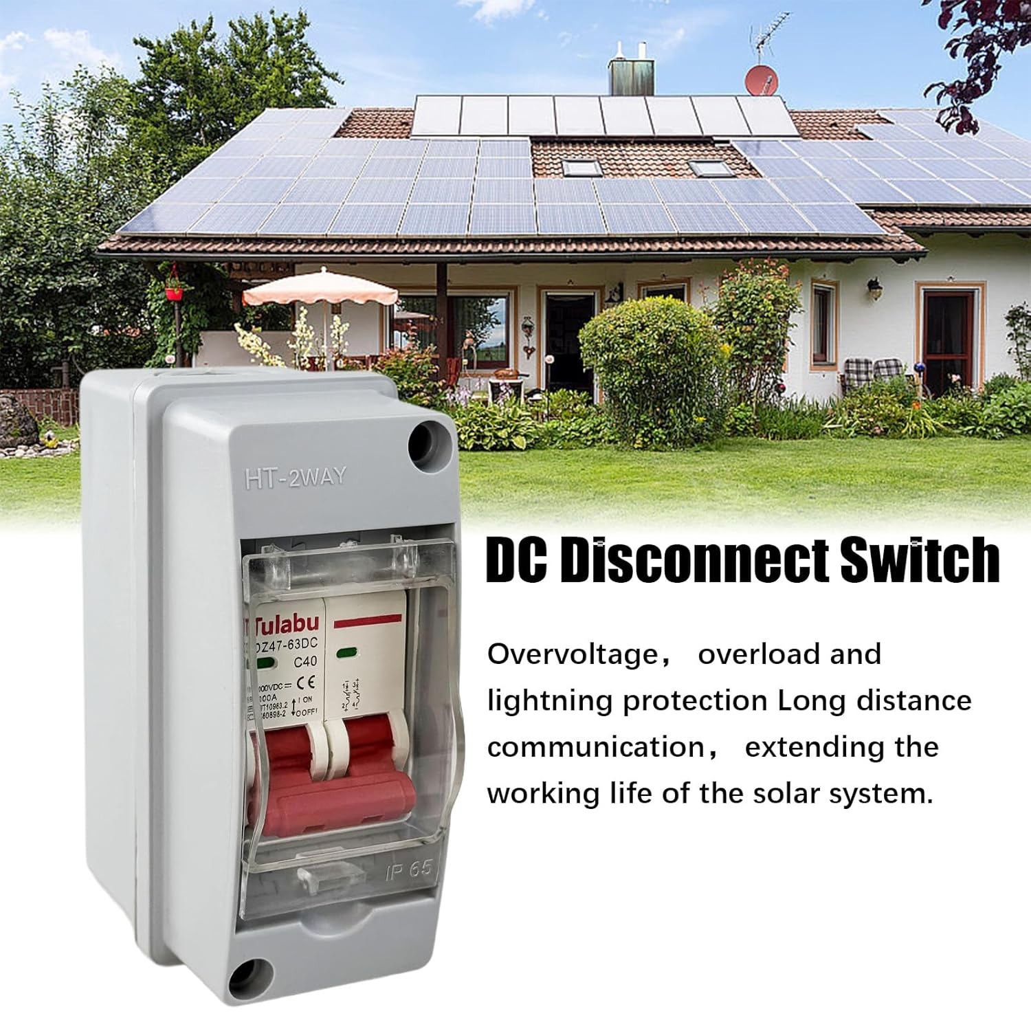 Solar Panel Disconnect Switch, Solar Circuit Breaker Box Outdoor Miniature Circuit Breaker IP65 Waterproof for PV Homes Battery (1000V 40A) image number 2