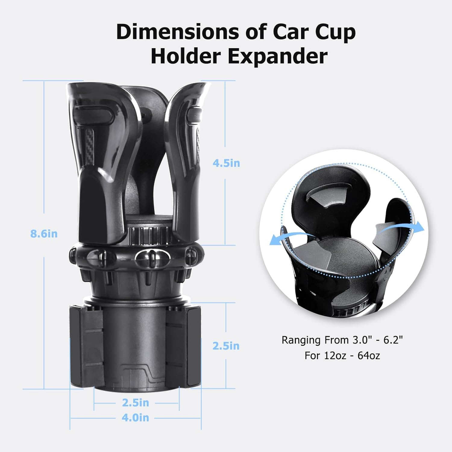 Car Cup Holder Expander, Cup Holder Expander Fits 12-64 Oz and Big Bottles Mugs in 3-6.2'', Expandable Cup Holder for Car, Truck, RV, SUV image number 4