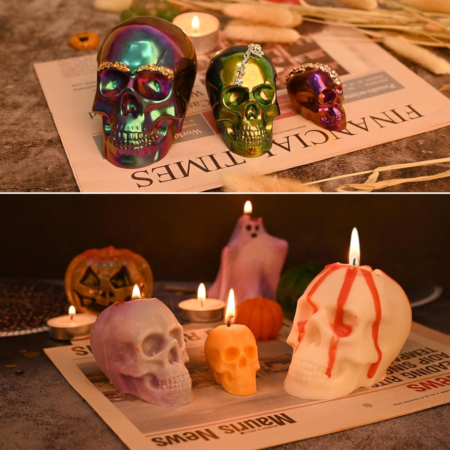 Set of 3 Skull 3D Resin Molds Large + Medium + Small, Flexible Clear Silicone Skull Head Molds, Silicone Molds for Resin, Soap, Clay, Candle Wax Casting, Halloween Home Decoration