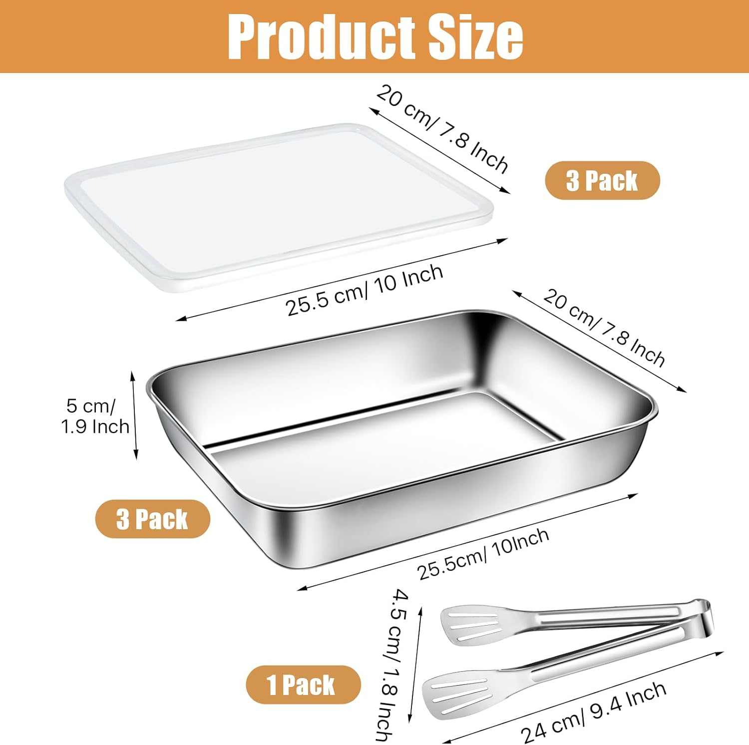 3 Set Stainless Steel Breading Trays Set with Lids, Dust Proof Breading Pans with Tong for Dredging Chicken Breasts，Marinating Meat, Food Prep Trays Oven & Dishwasher Safe image number 6