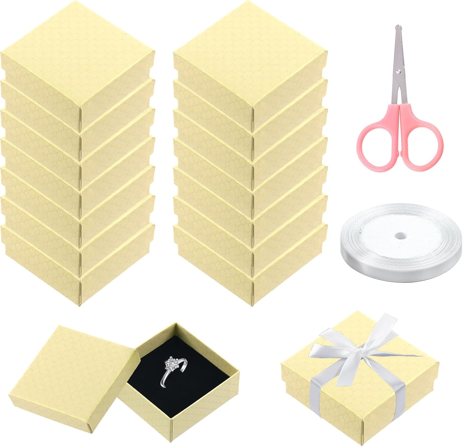 Swpeet 17Pcs 2.95 X 2.95 X 1.2Inch Sapphire Blue Fan Pattern Cardboard Jewelry Gift Boxes with Scissors and Polyester Ribbon Assortment Kit, Necklace Earring Bracelet Boxes Gift Case for Jewelry