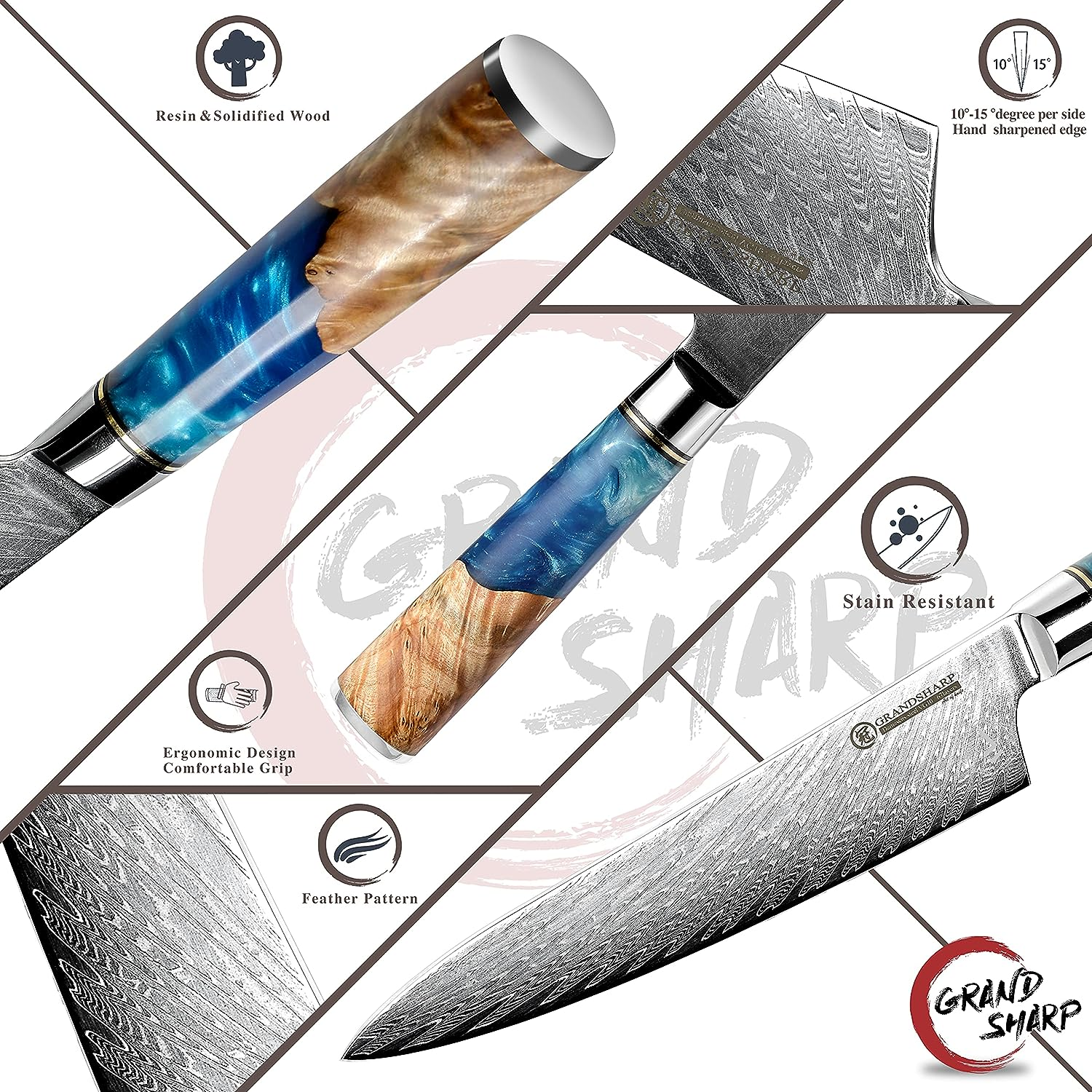 Chef Knife Damascus Japanese 8 Inch VG10 Kitchen Knife 67-Layer Damascus Steel Pro Ergonomic Superb Sharp Edge Gyuto Chef Knife[Gift Box]-Blue Resin Handle image number 5