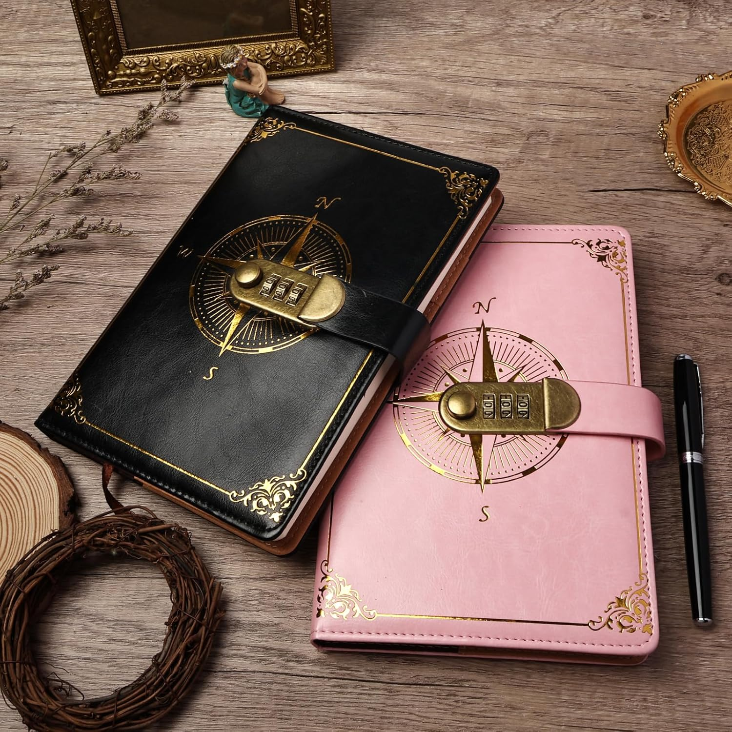 Literary Vintage Leather Notebook with Lock, Embossed Pattern Compass Diary for Writing, A5 Notebook with Lined Paper for Women & Men image number 2