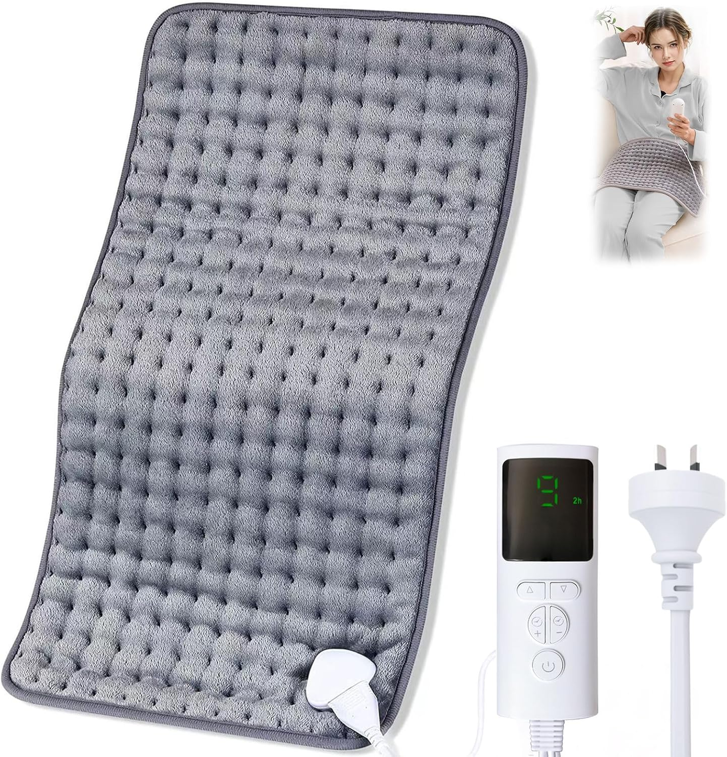 Oolong Electric Heating Pad for Back & Neck Pain Relief - Large 40X76Cm Moist/Dry Heat Therapy Pad with 9 Adjustable Settings, 4 Timer Modes & Auto Shut Off, Machine Washable (Grey) image number 5