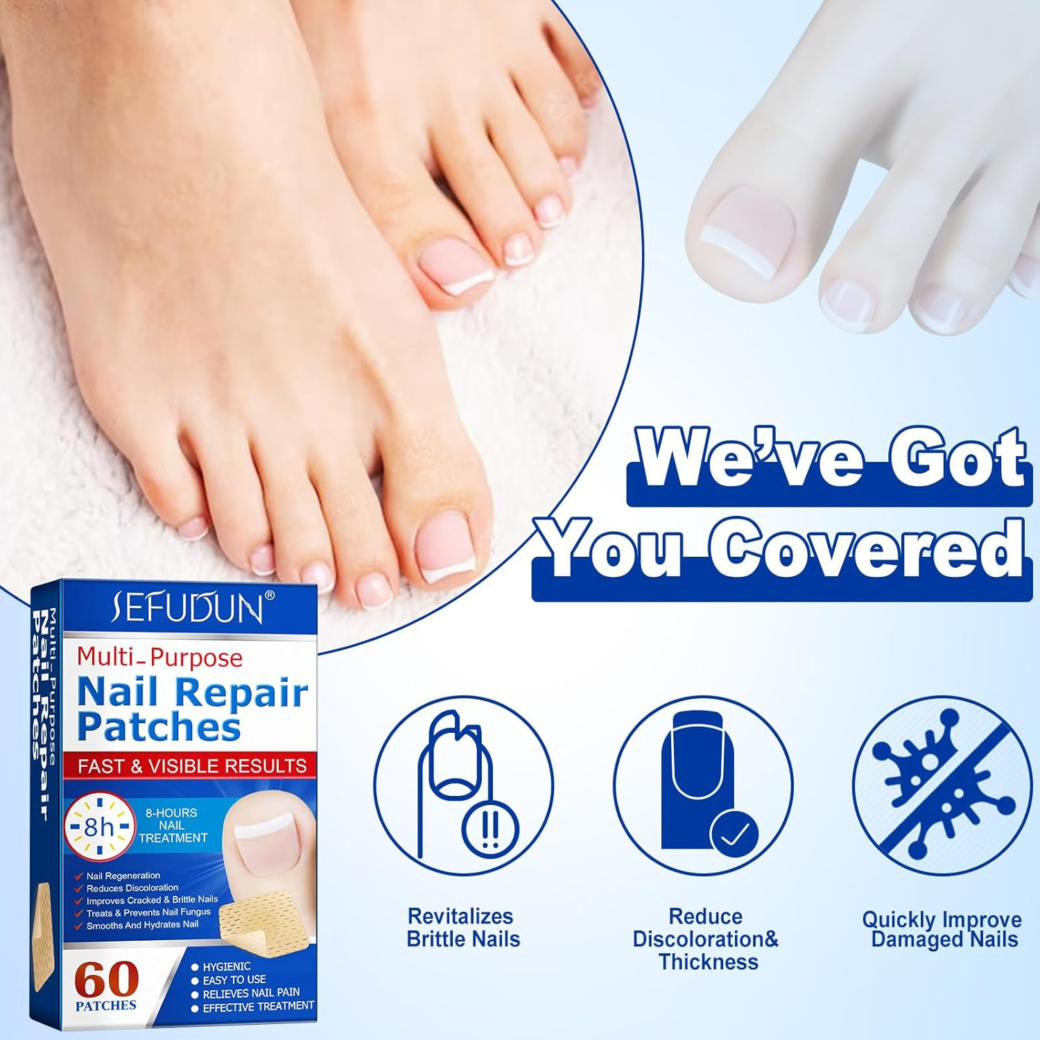 Fungal Nail Treatment,Nail Repair Patches 60Pcs,Toe Nail Treatment,Nail Repair Treatment for Restores Damaged Nails, 8 Hour Overnight Nail Repair Restores Healthy Nails image number 1