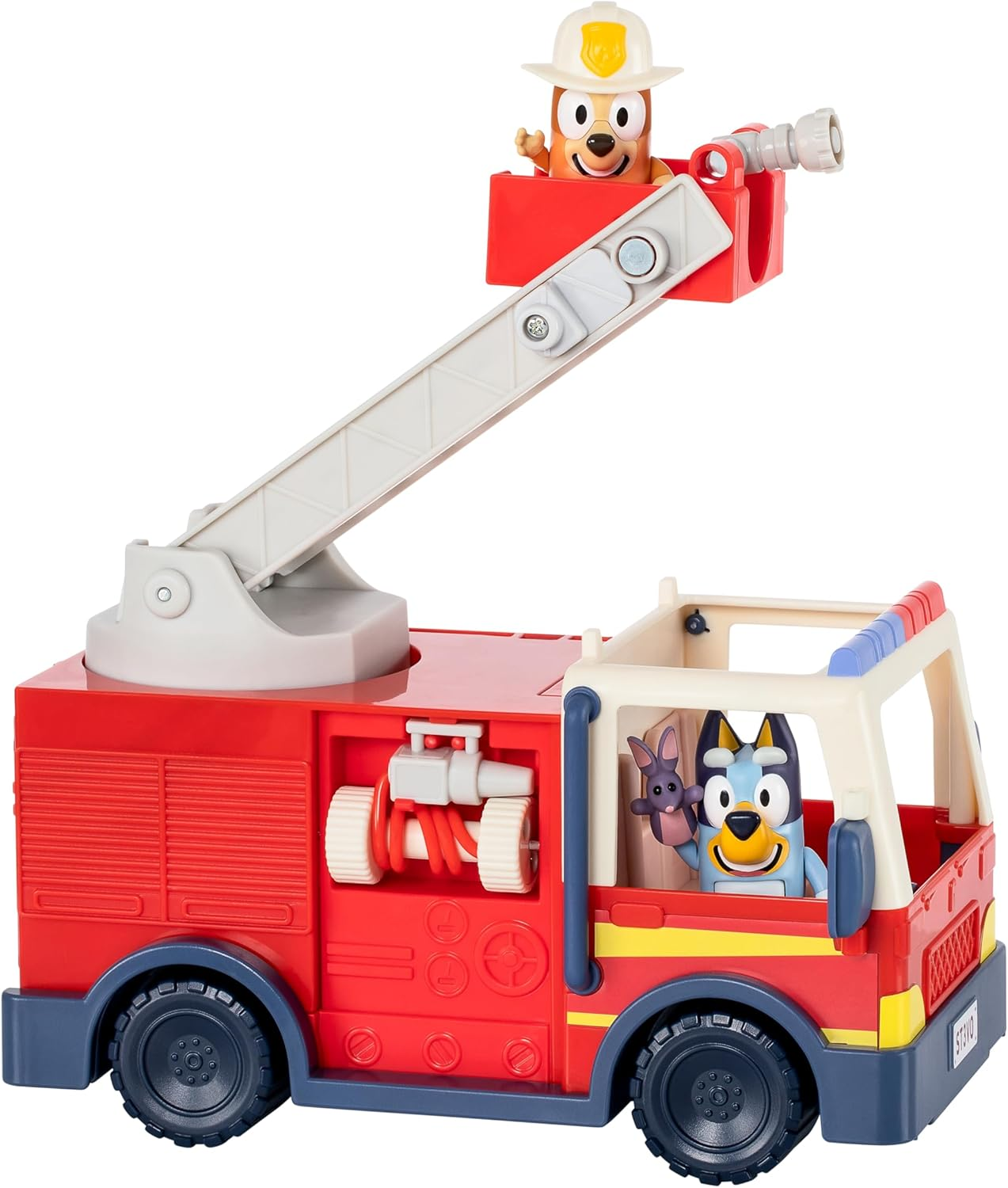 BLUEY Firetruck Firetruck, Exclusive Firefighter Bingo and Bob Bilby Figures Raise the Ladder, Spin It around and Roll Out the Hose Includes Sticker Sheet