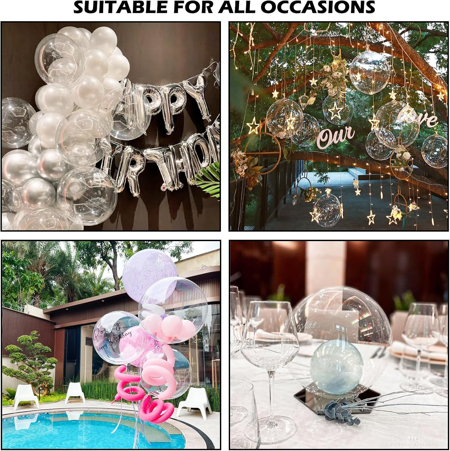 RETON 60PCS Clear Balloons Bobo Balloons, Different Sizes 11/18/20/24/36 Inch Clear Balloons for Stuffing, Transparent Bubble Bobo Balloons for Wedding DIY Birthday Baby Shower Party Decoration