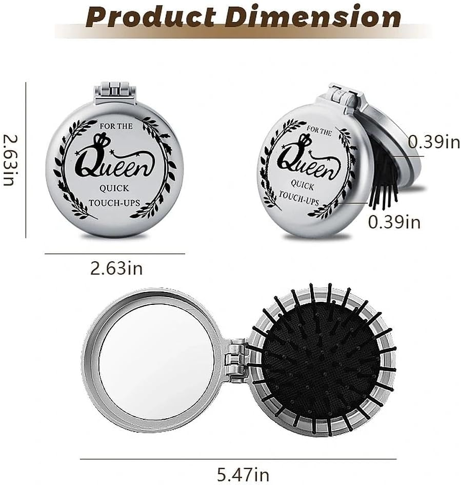 Folding Pocket Makeup Mirror for Women Queen Quick Touch-Ups Travel Engraved Compact Mirror Comb for Wife Girlfriend Romatic Anniversary Birthday Gifts for Mom Grandma Christmas