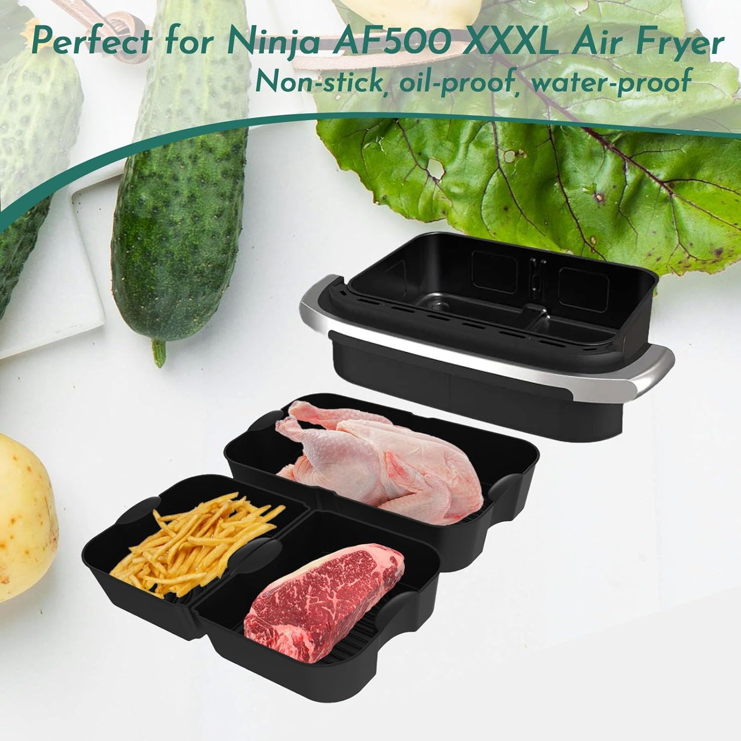 Marakruki 3Pcs Silicone Air Fryer Liners for Ninja AF500 XXXL, Reusable 10.4L Flexdrawer, 2 Pcs for Dual 5.2L Baskets + 1 Pcs for 10.4L Megazone Basket image number 4