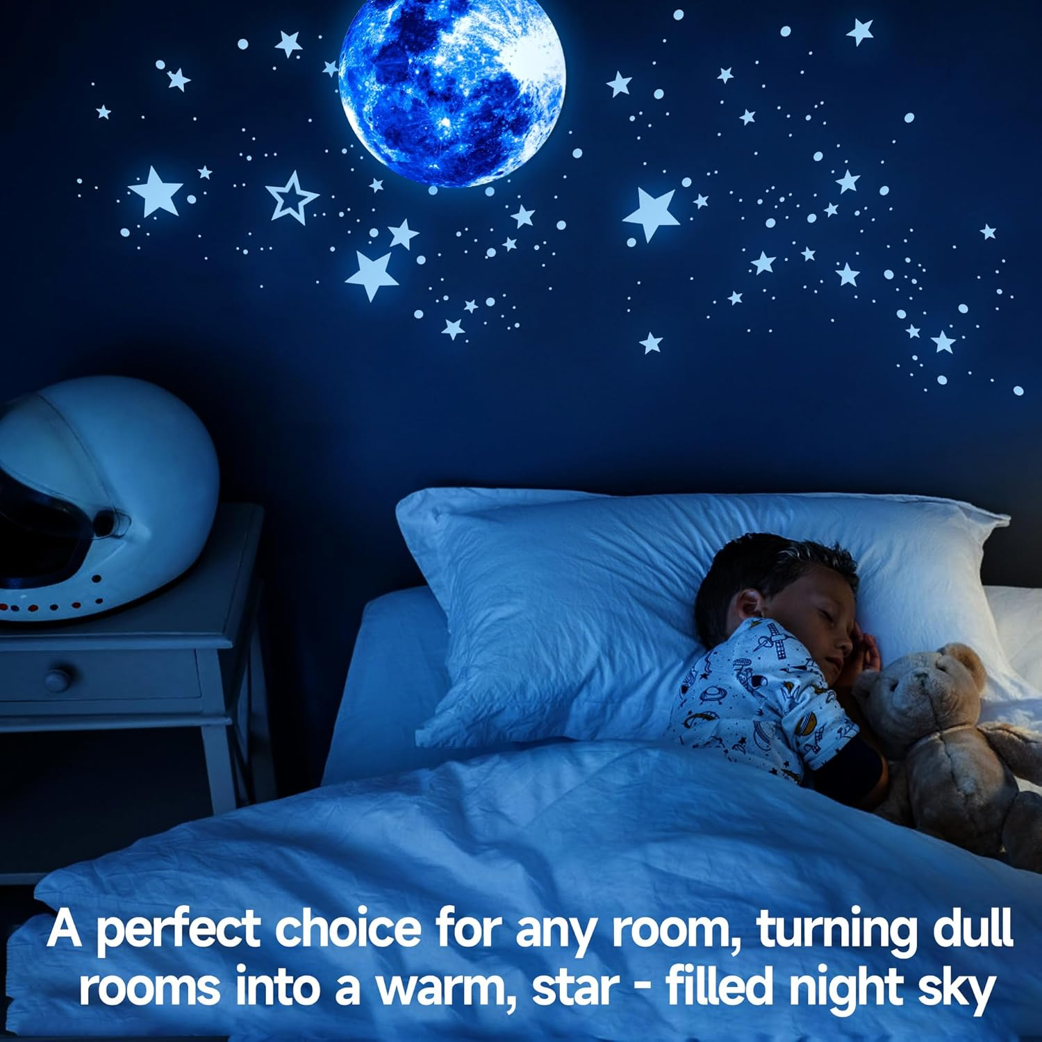 Glow in the Dark Stars for Ceiling, Moon Planet Star Stickers for Wall Decor, Glow in the Dark Star Stickers and Dots Wall Stickers Decor, Boys Room Decor and Nursery Decor, Blue(7.8In, 435Pcs)