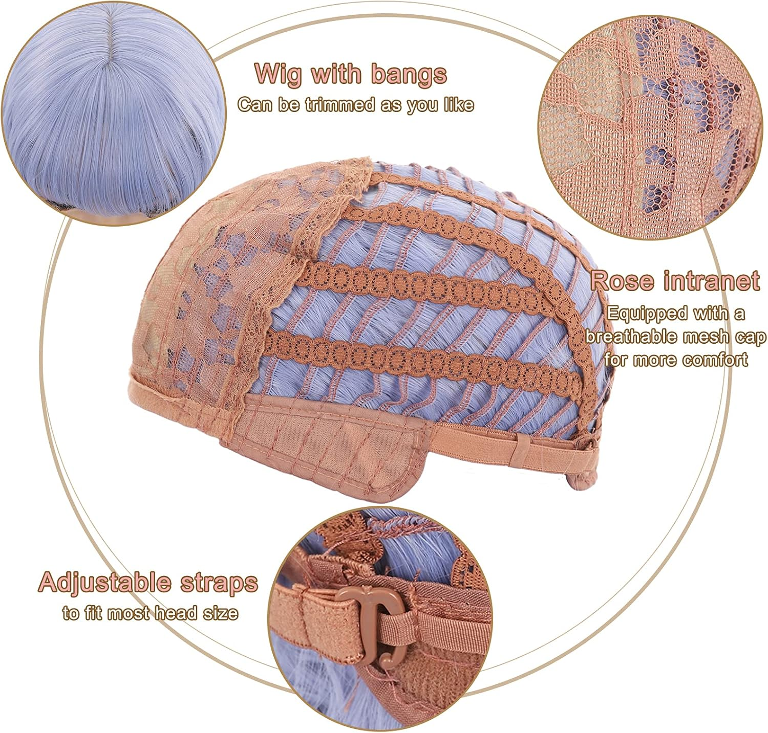 FAELBATY Light Blue Wave Bob Wigs with Bangs Synthetic Cosplay Wig for Girl Shoulder Length Wig for Women Costume Wigs Mixed Blue(12" Light Gray Blue) image number 5