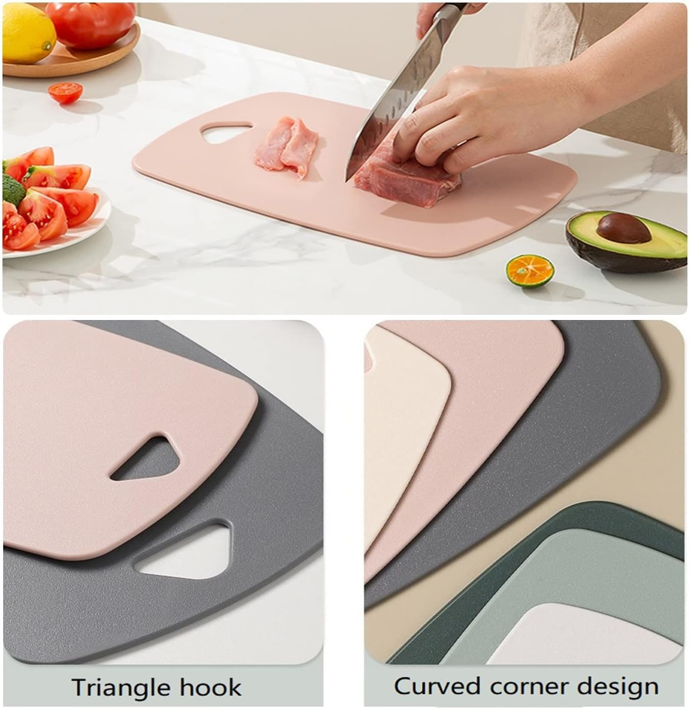 Plastic Kitchen Cutting Board Set, 3 Piece, Thick Chopping Boards for Meat, Veggies, Fruits, with Easy Grip Handle,Dishwasher Safe (Pink) image number 5