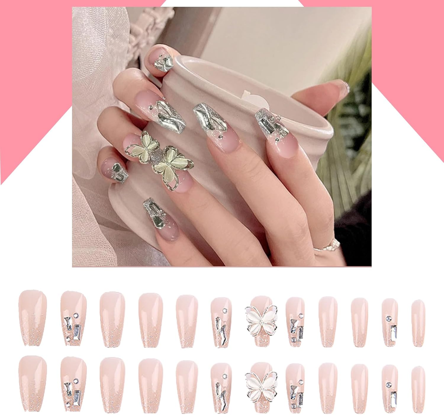 HHMJZW French Tip Press on Nails - 24Pcs Short Press on Nails for Woman Nail Art Manicure, Soft Gel, No Fade Out, Seamless Glue on (GY85) (#1) (1) image number 6