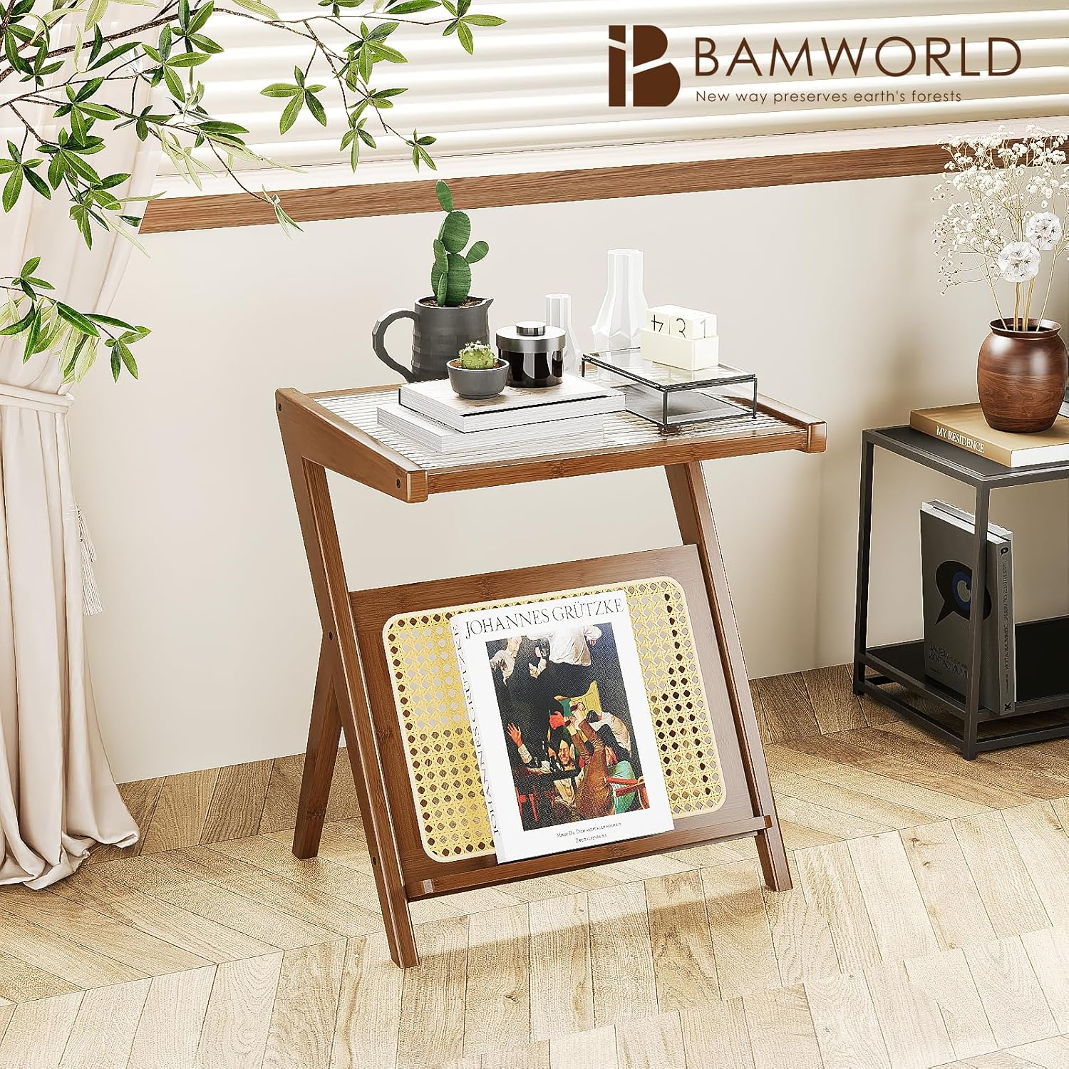 Bamworld Rattan Side Table Boho Nightstand Mid Century Modern End Table Glass Bedside Table Small End Tables Bamboo Coffee Table with Storage Record Player Stand for Living Room Bedroom
