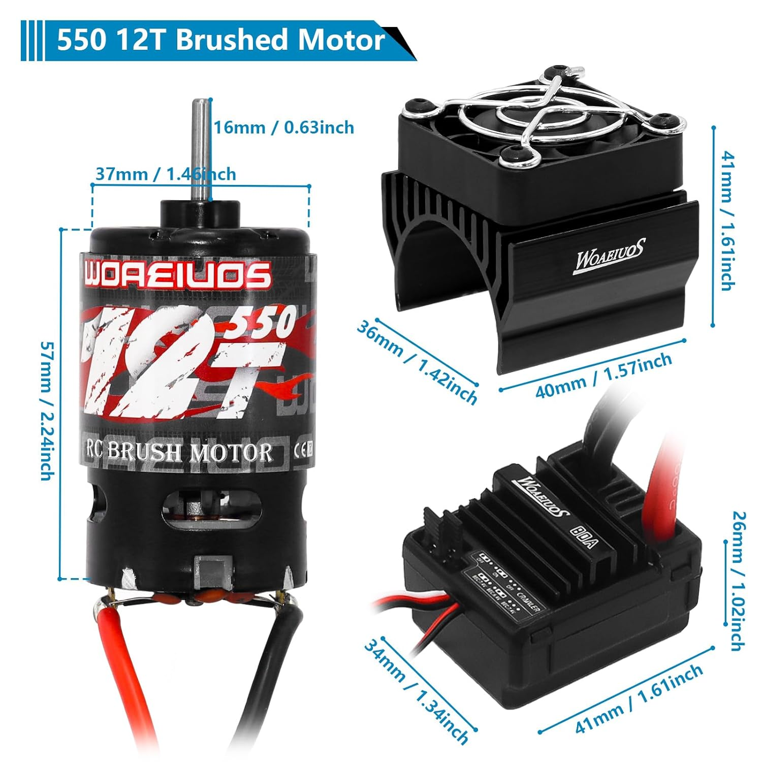 550 Brushed Motor 12T & 80A ESC Brushed Motor ESC & Heatsink Combo for 1/10 RC Truck Car Slash Arrma Granite Senton Typhon Redcat Axial HPI image number 1