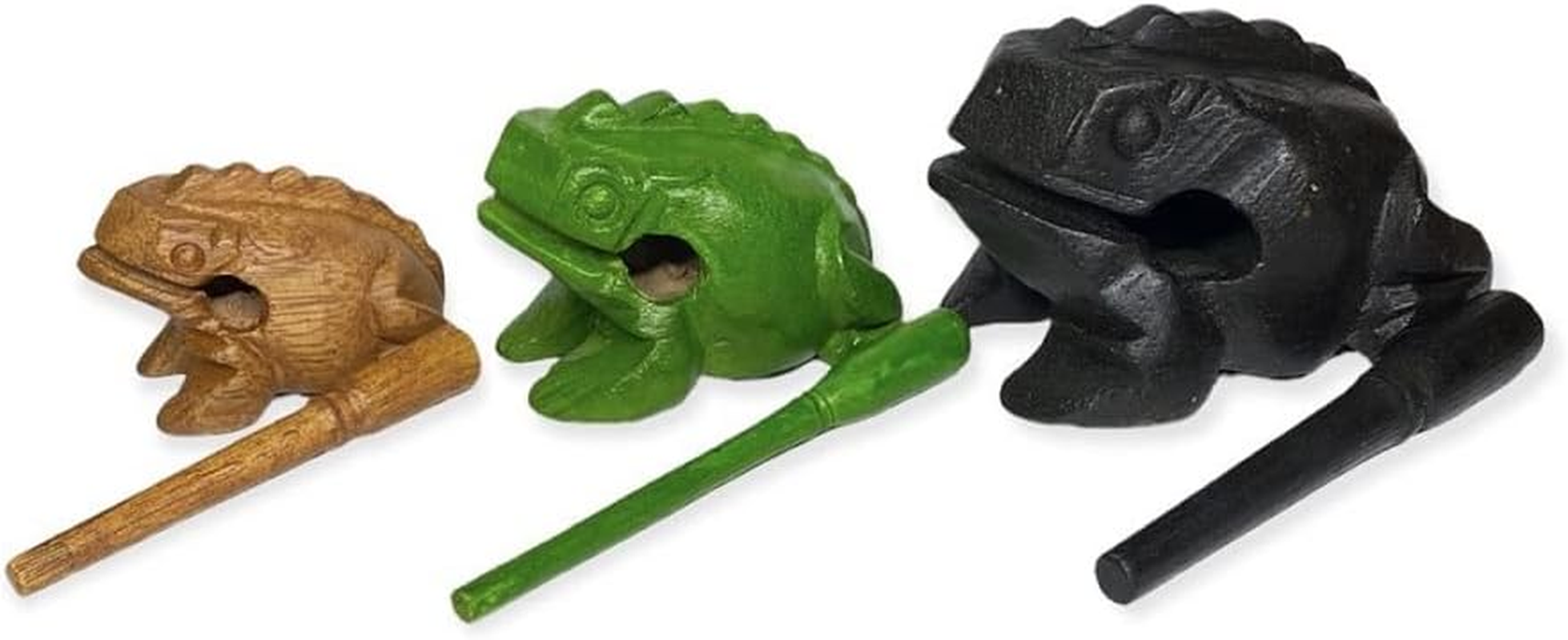Percussion Instruments Wooden Frog 3 Piece Set - 4 Inch, 3 Inch, 2.75 Inch Musical Instrument (Black/Green/Brown) - Brown image number 6