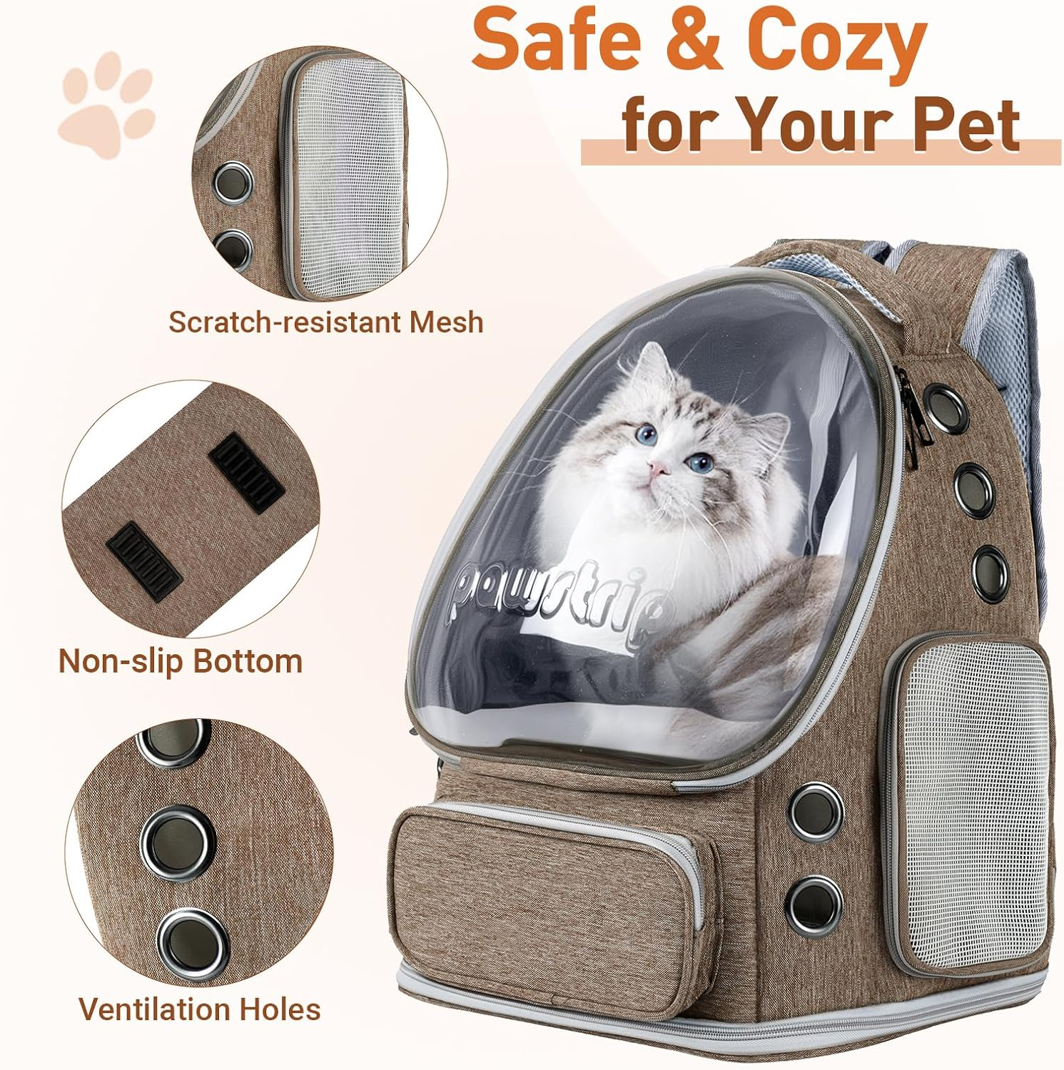 Pawstrip Cat Backpack Carrier with Large Space Bubble Window, Airline Approved Breathable Pet Carrier for Small Dogs Cats up to 15Lbs, Foldable for Travel Hiking & Outdoor Use