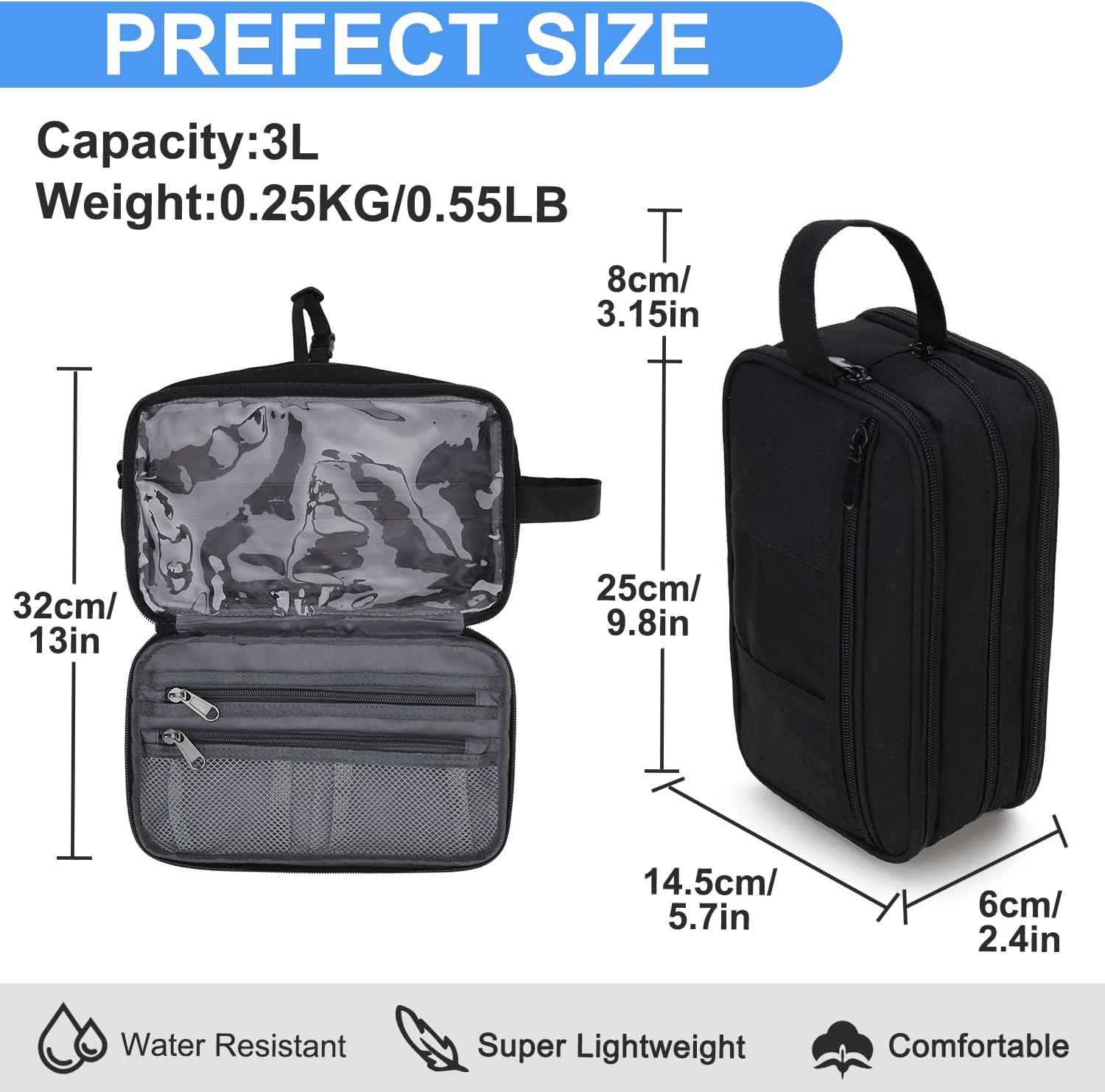 Toiletry Bag for Women, Travel Makeup Organizer with Hang Hook, Water-Resistant Shaving Bag for Men, VONXURY (Black) image number 5