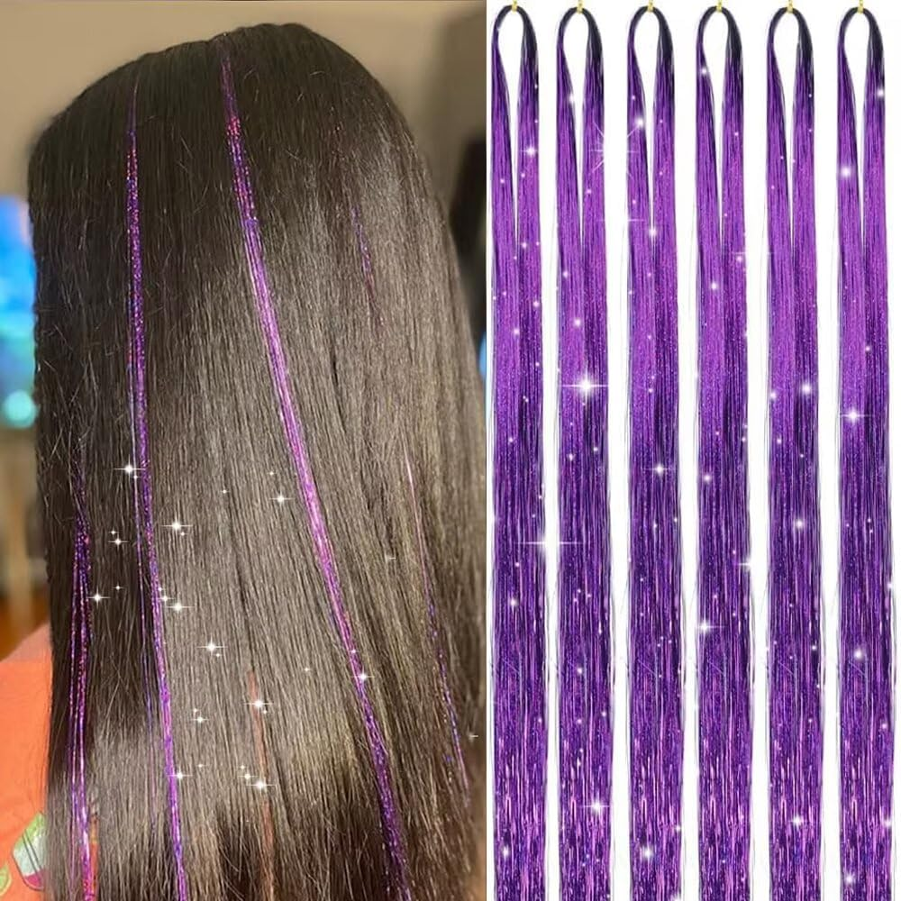 Hair Tinsel Blue 1200 Strands 48 Inches Sparkling Tinsel Hair Extensions, Fairy Hair Tinsel for Birthday Halloween Christmas New Year Party image number 4