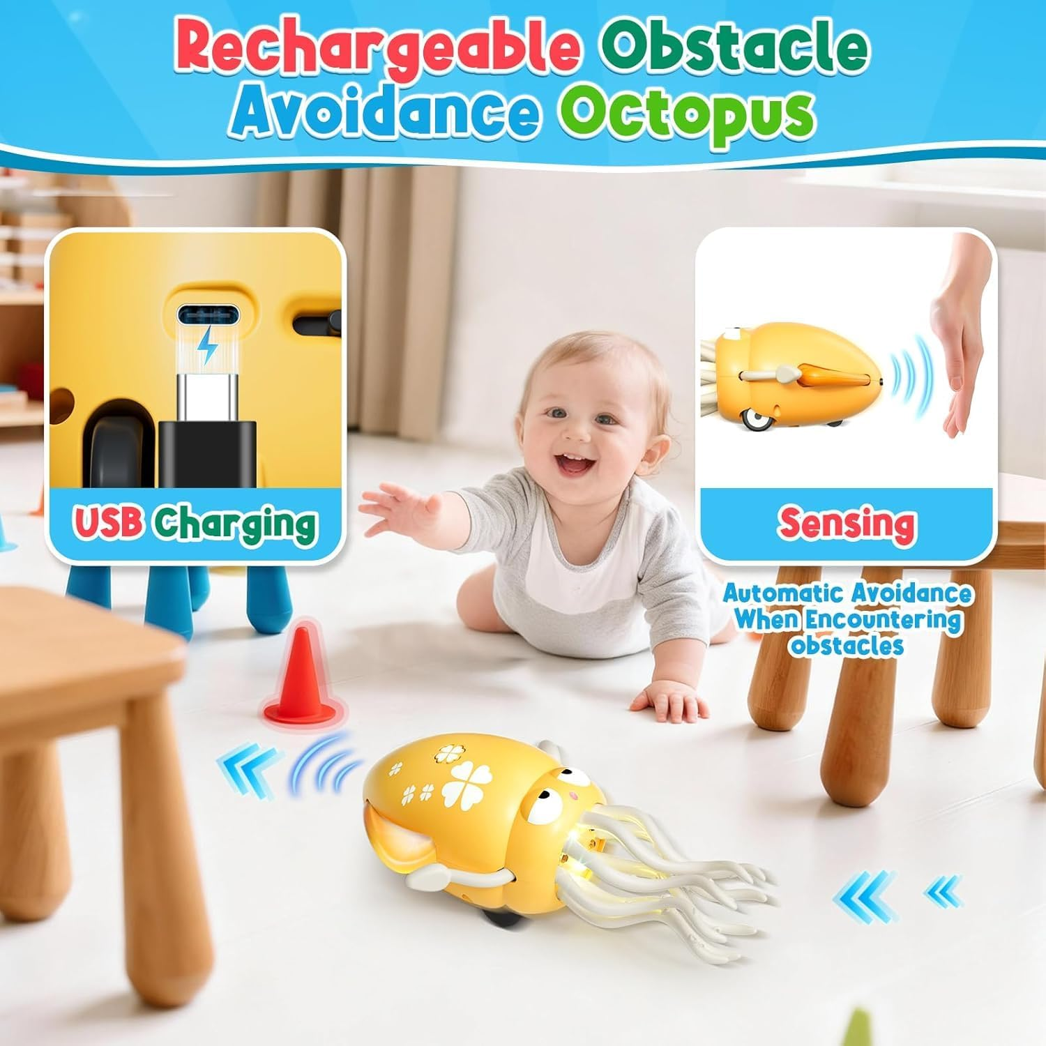 Dancing Octopus Toy, Electric Crawling Octopus Tummy Time Toy, Rechargeable Magic Dancing Music Squid Baby Toys for 3 4 5 6 Year Old Kids Boy Girl Birthday Gifts Christmas Stocking Stuffers(Yellow) image number 2