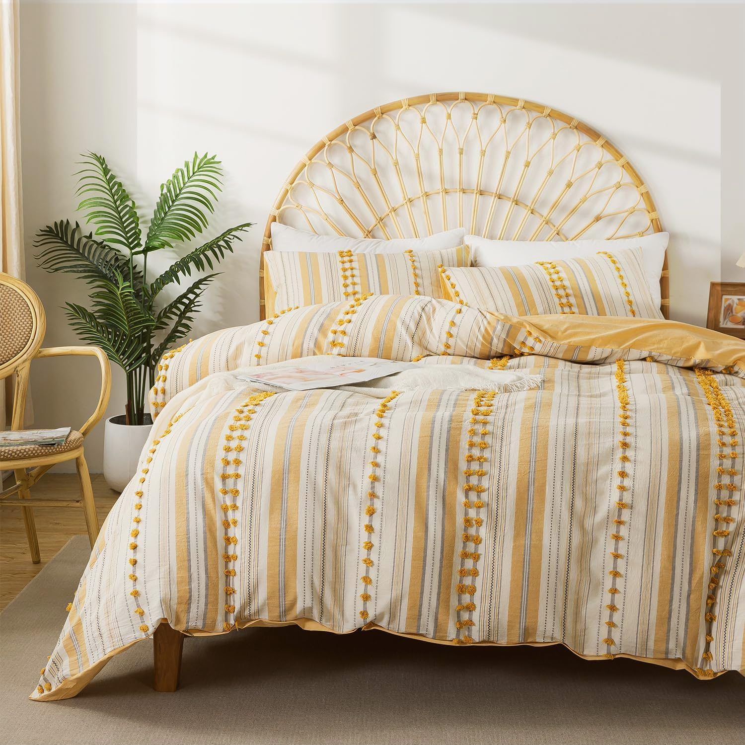 La Sheer Washed Cotton Queen Size Duvet Cover Set - Tufted Dots Boho Chic Bedding for All Seasons, Striped Pom Pom Bedding Linen like Textured Breathable Durable Soft Comfy (Yellow, 90X90'')