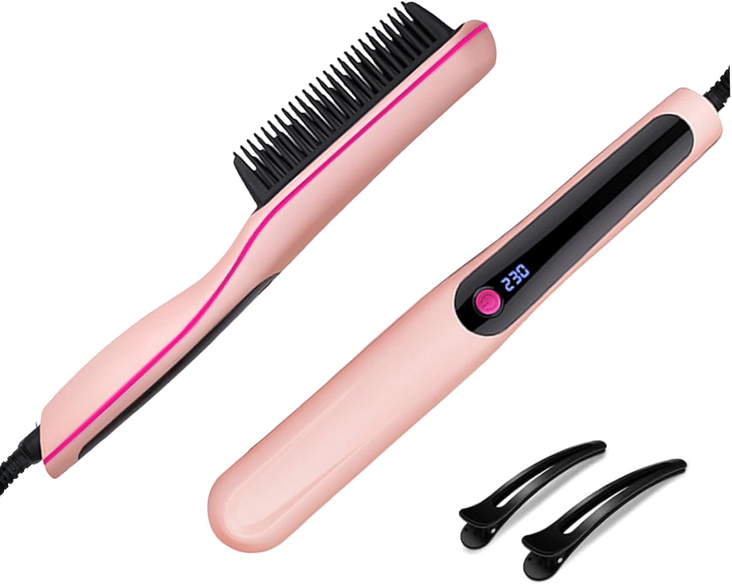 Anion Hair Straightener Brush Hair Iron with Built-In Comb 1 Minute Heating to 180&deg;C 180&deg;C/200&deg;C/230&deg;C3 Constant Temperature Mode Anti-Burn Design (Pink)