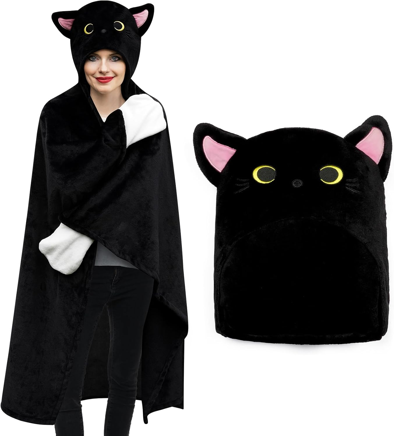 MUFEIRUO Portable Blanket, Black Cat Portable Hooded Blanket, Cosy Flannel Fleece Hoodie Throw Coat Wrap for Winter image number 2
