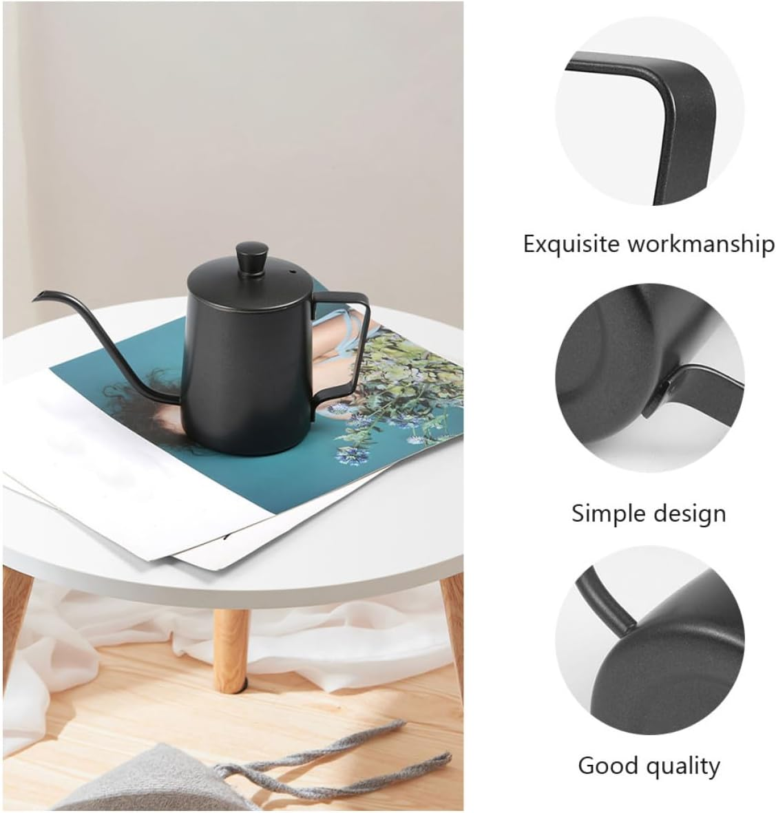 AUTSUPPL Stainless Steel Coffee Kettle 304 with Lid Mini Drip Coffee Pot Black General Household Tea Kettle for Home Brewing and Office Use image number 3