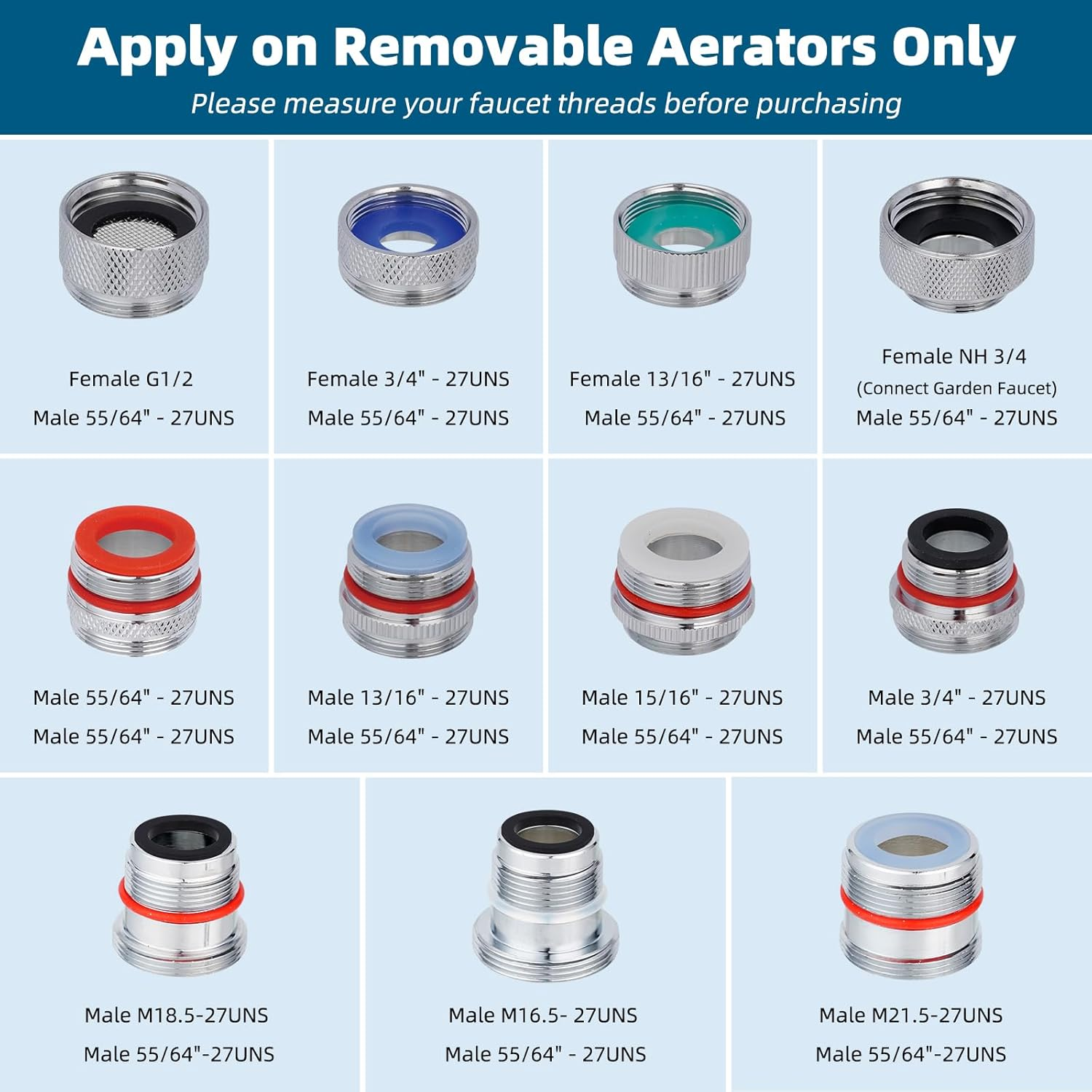 Hibbent 11 Pieces Faucet Adapter Kit, Kitchen Sink Brass Aerator Adapter Set, Male Female Sink Faucet Adapter Connecting Style Faucets, Standard Hose, Chrome Finished image number 1