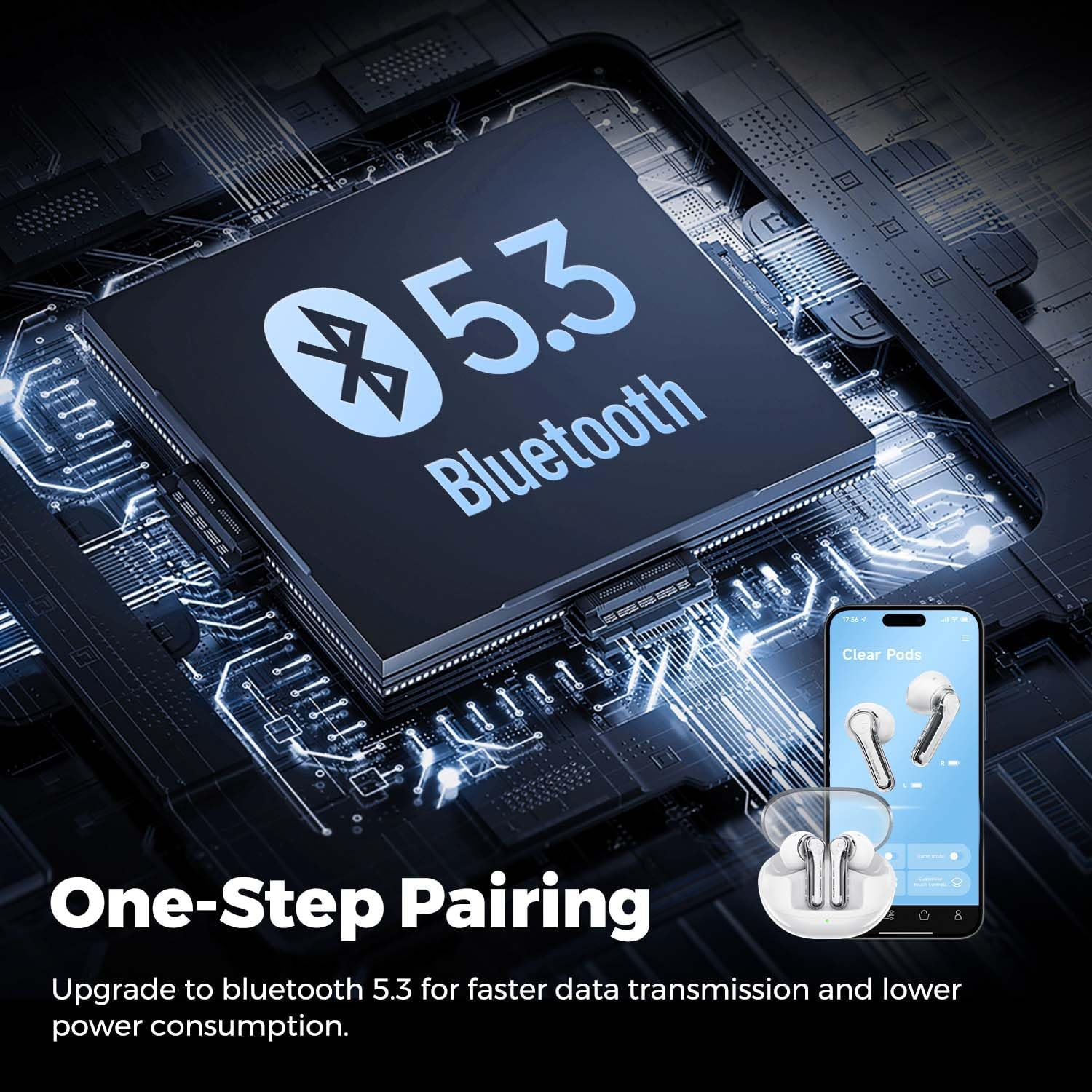 Wireless Earbuds, Soundpeats Clear Pods Bluetooth 5.3 Headphones, 13Mm Drives for Stereo Sound Earphones with 40H Playtime, Dual Mic with ENC for Clear Calls, Game Mode, App Control -Transparent - White image number 4