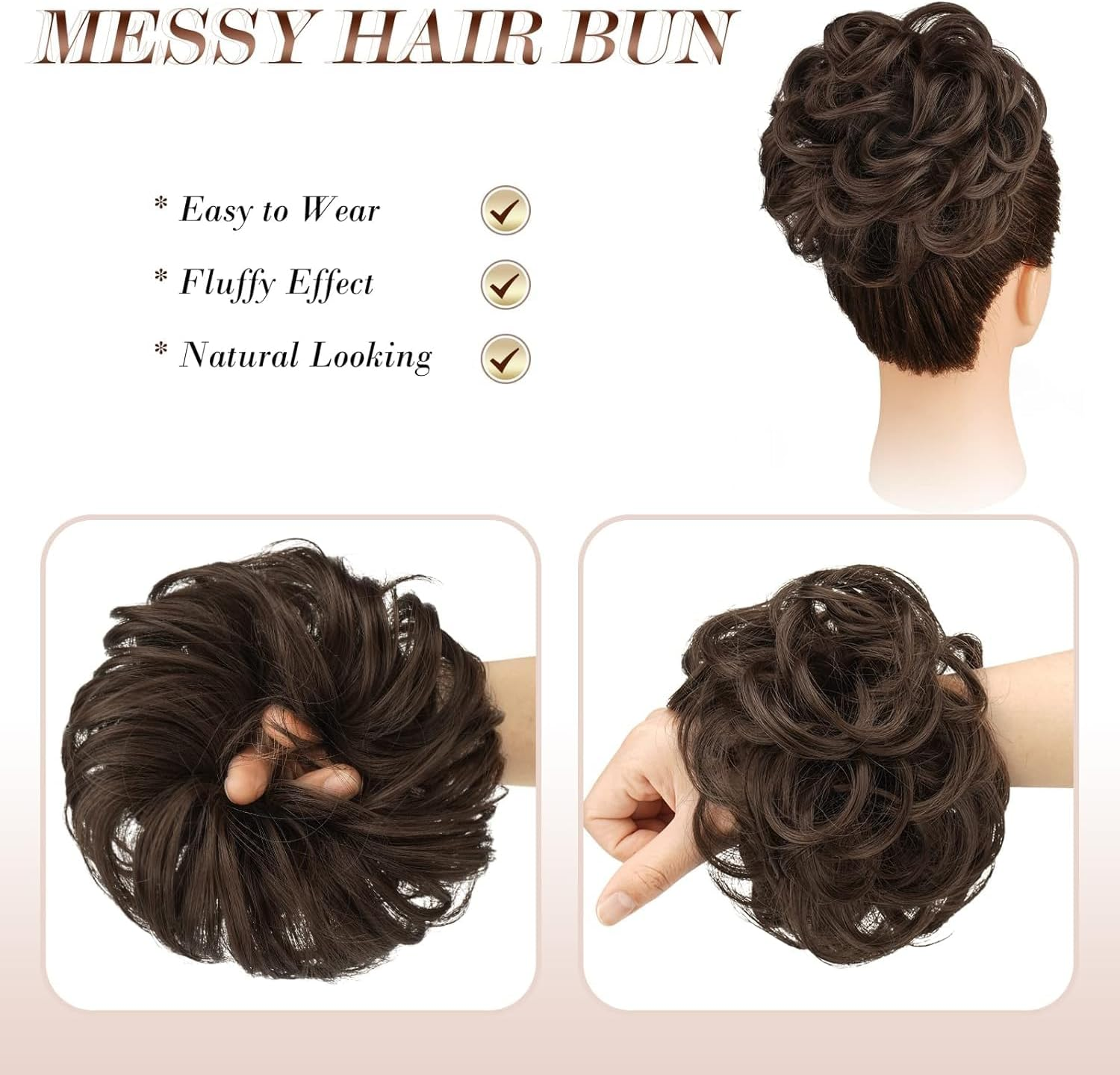 Creamily 2 PCS Messy Bun Hair Piece - Large Wavy Curly Elastic Hair Bun Scrunchies Ponytail Extensions Synthetic Chignon Hairpieces for Women - Medium Brwon image number 5