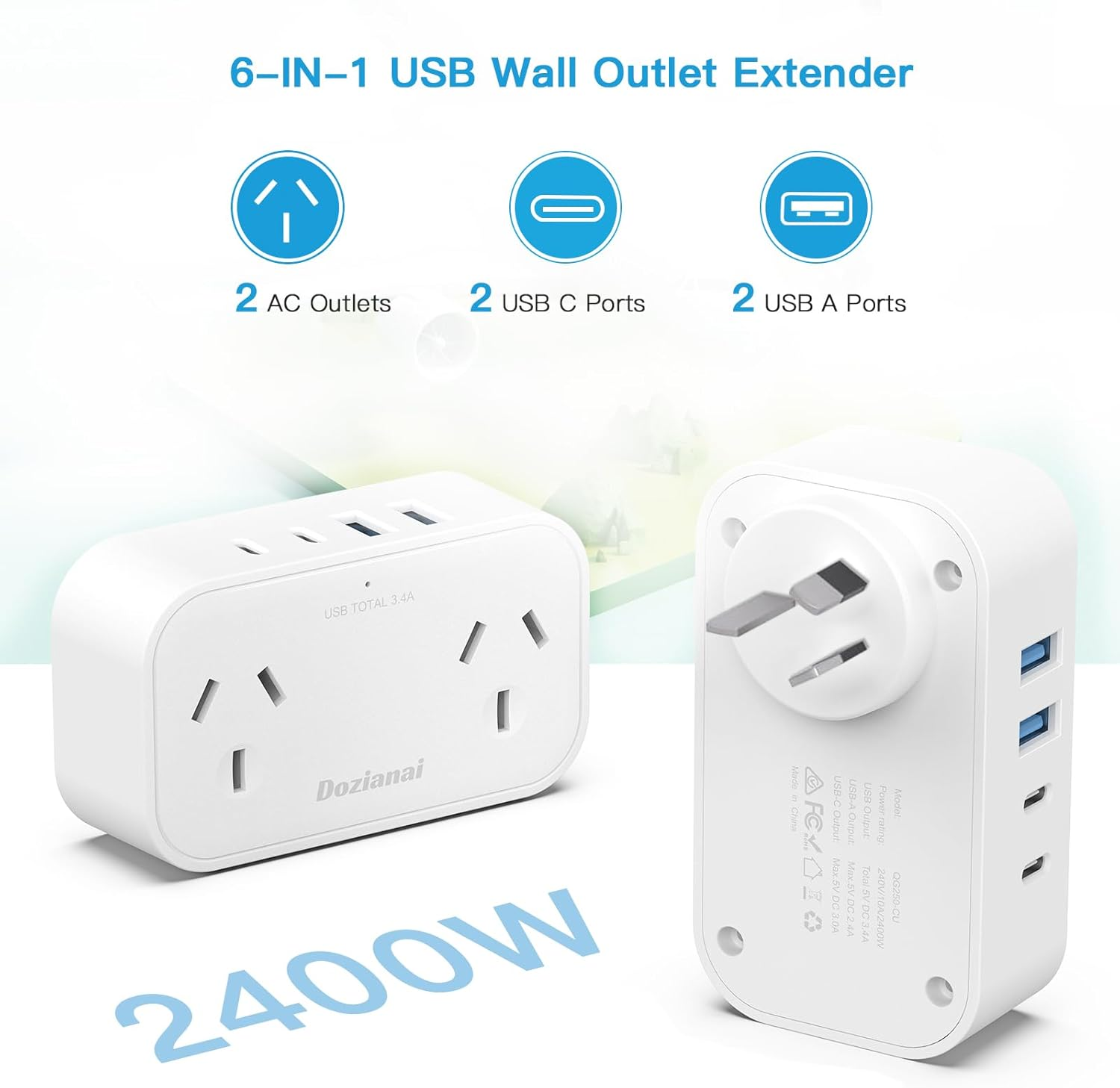 Power Board with 4 USB Ports (2 USB-C), No Cord Extension Cord, Travel Adapter, Double Adapter, USB Wall Plug, Outlet Extender for Home, Office, Cruise & Travel Essentials image number 5