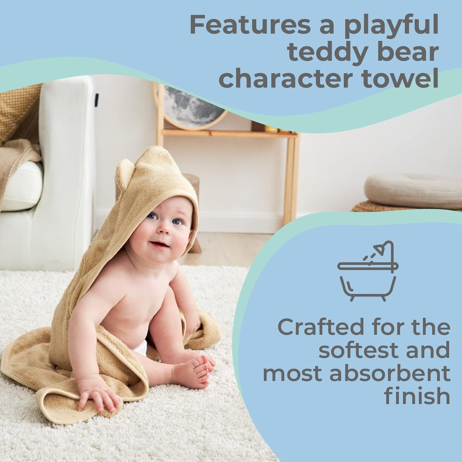 Munich Blue Hooded Bath Towel for Newborn and Toddler Girls and Boys - Soft and Cozy Baby Towel with Cute Bear Ears (Oat Color, 600GSM, 90X90Cm) - Ginger Red image number 3