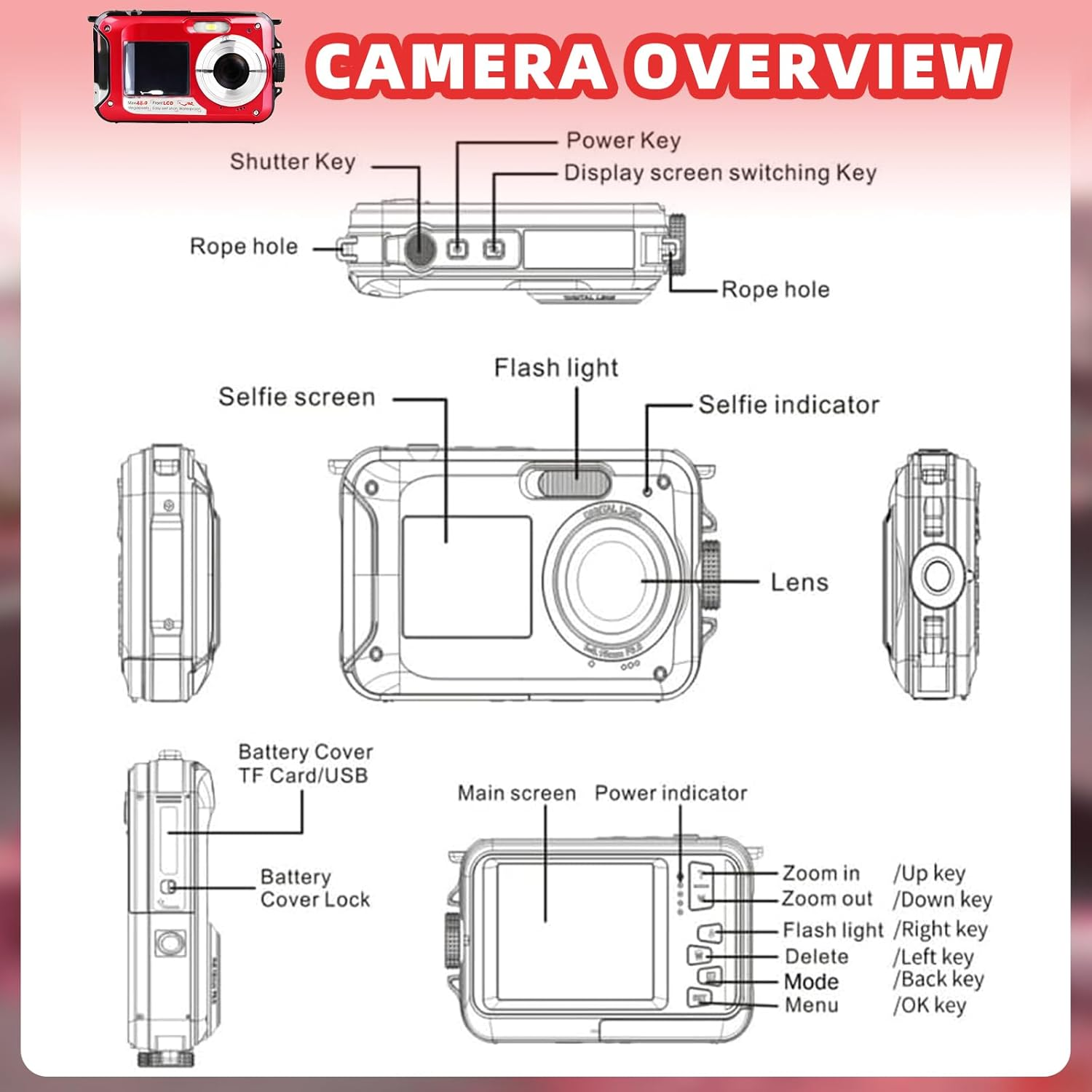 Underwater Digital Camera, 2.7K 48MP Dual-Screen Selfie Waterproof Camera 16X Digital Zoom Compact Camera for Snorkeling (Red) - Red image number 3