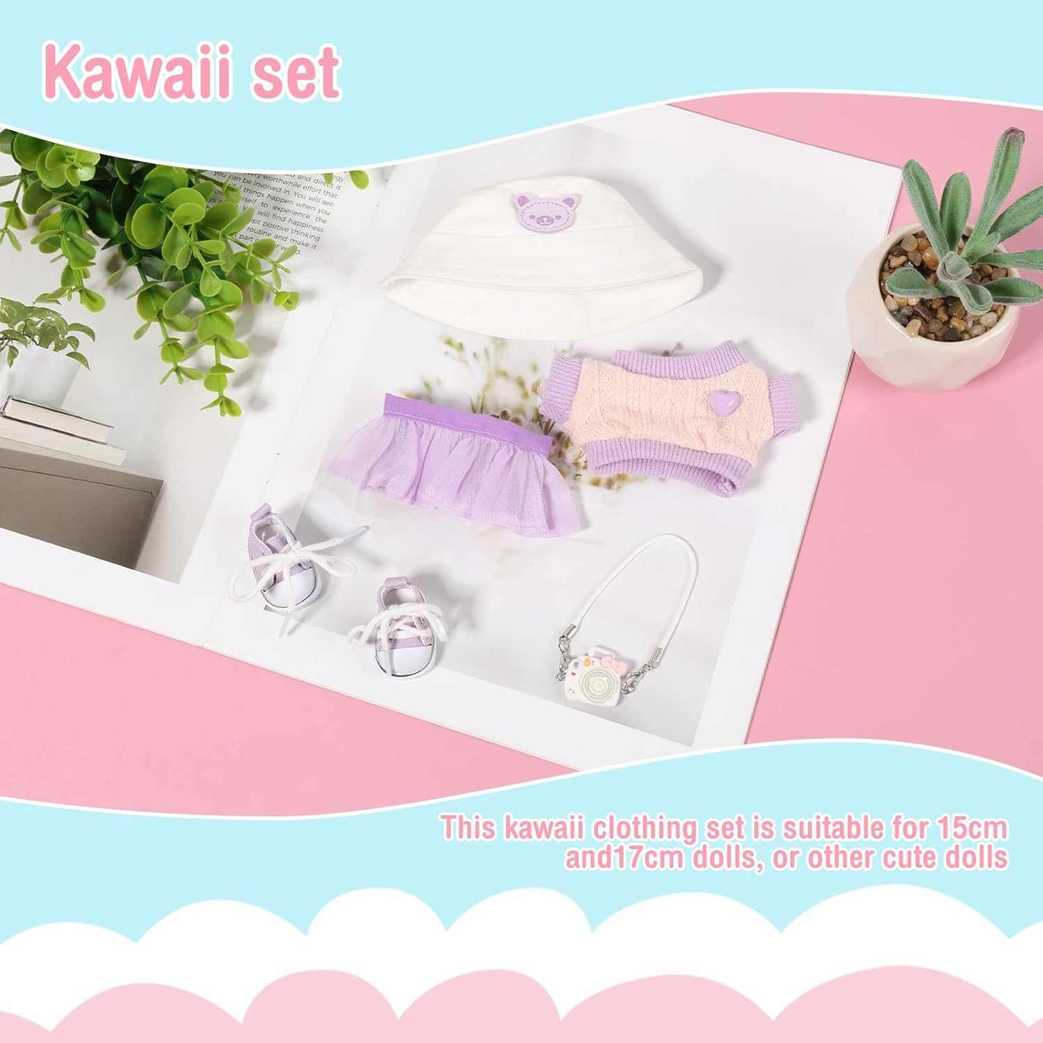 Fwqofvk Clothes Kit for Pendant, Cute Clothes Suit, Exquisite Small Clothes Set Includes Hat, Sweater, Skirt,Camera Model and Shoes for Girl Boy Kid Birthday Present (Purple) image number 5