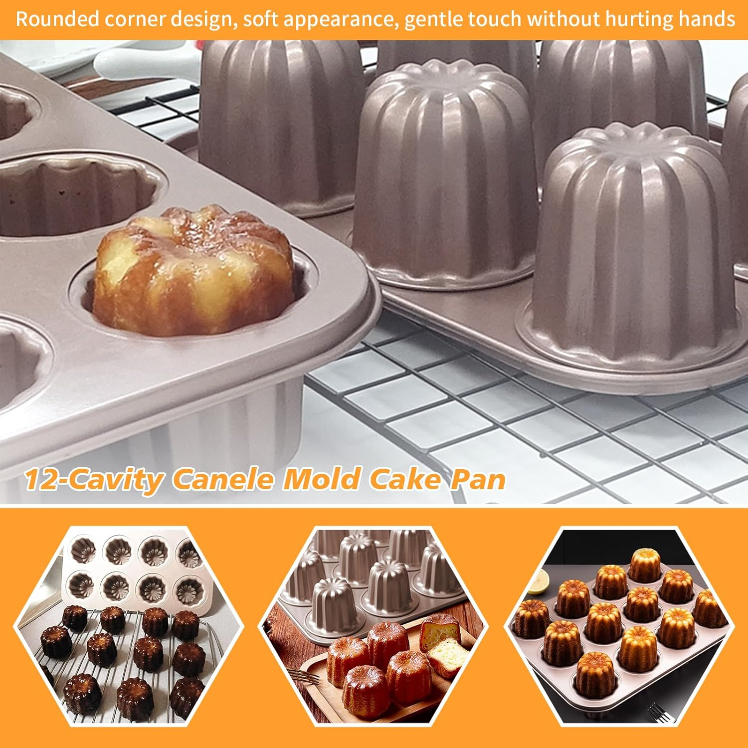 Canele Mold Cake Pan Non-Stick Carbon Steel Canel&eacute;s Baking Pan for Oven, Professional French Pastry Molds for Homemade, Muffin Cupcake, Heavy Duty Bakeware with Smooth Release (12-Cavity)