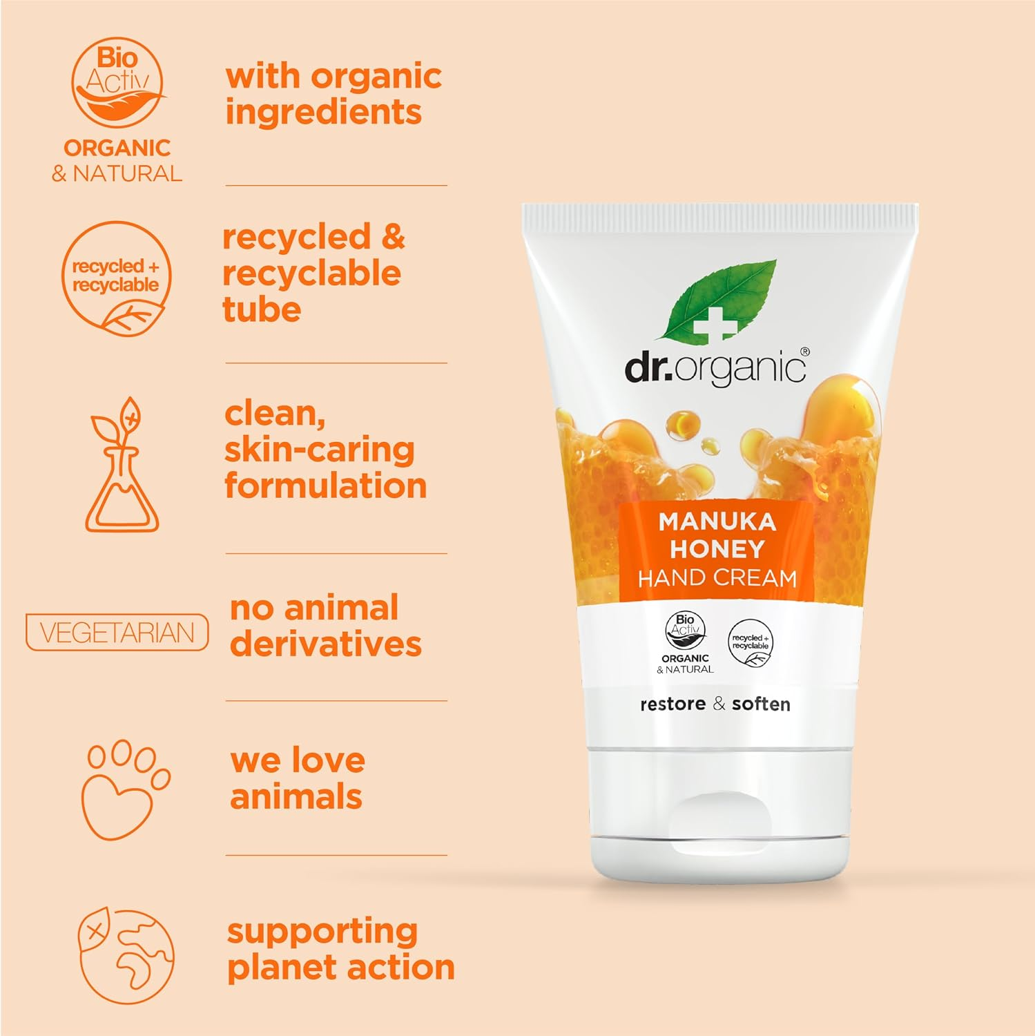 Dr Organic Manuka Honey Hand Cream, Moisturising, Dry Skin, Mens, Womens, Natural, Vegetarian, Cruelty-Free, Paraben & Sls-Free, Organic, 125Ml image number 2