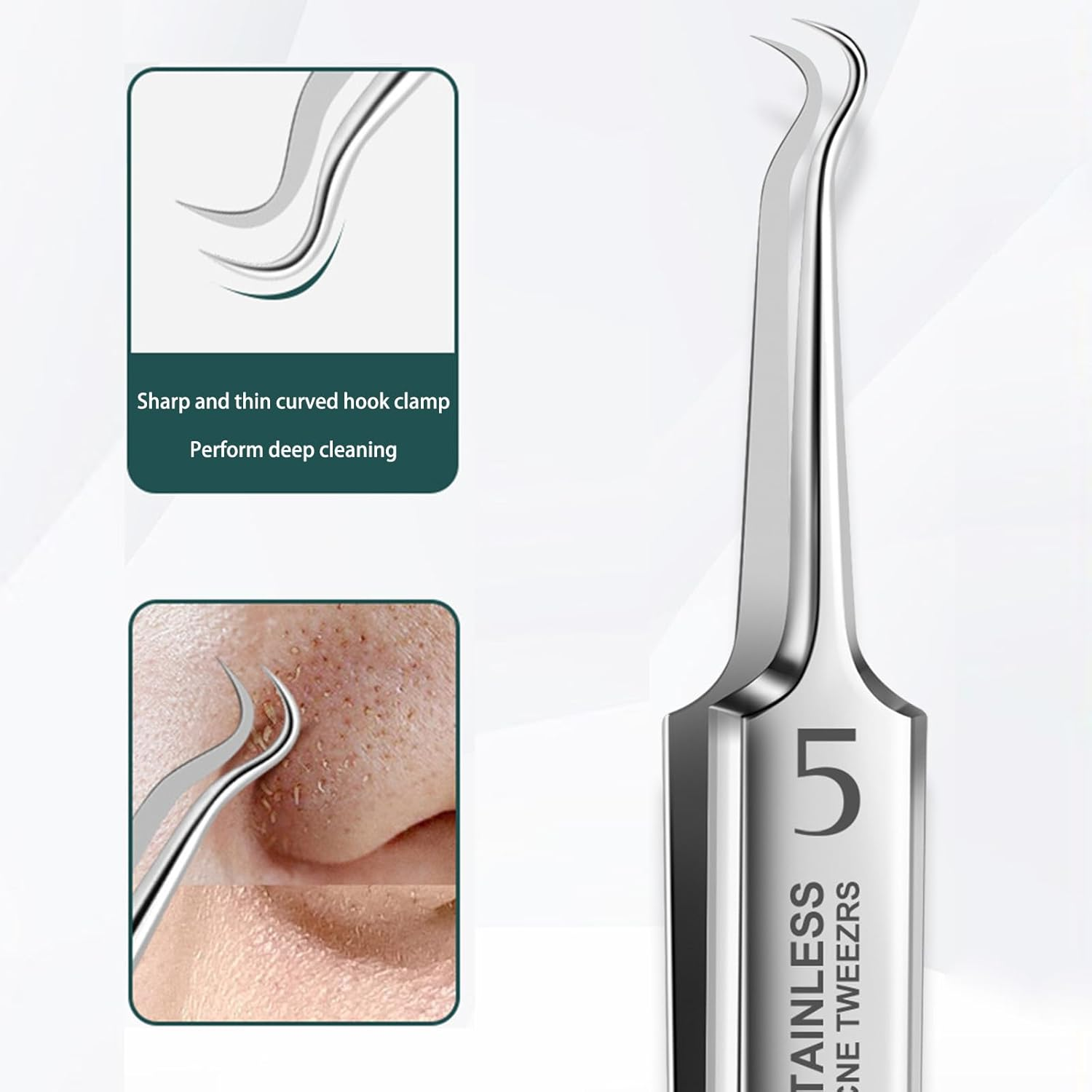 RIBHNXHI Professional Facial Blackhead Remover Tweezers - Extractor Acne Removal Kit Pimple Popper Tool, Clip for Whiteheads, Acne Clip, Ingrown Hairs Tweezers, Blackhead Remover Tool Stainless Steel image number 1