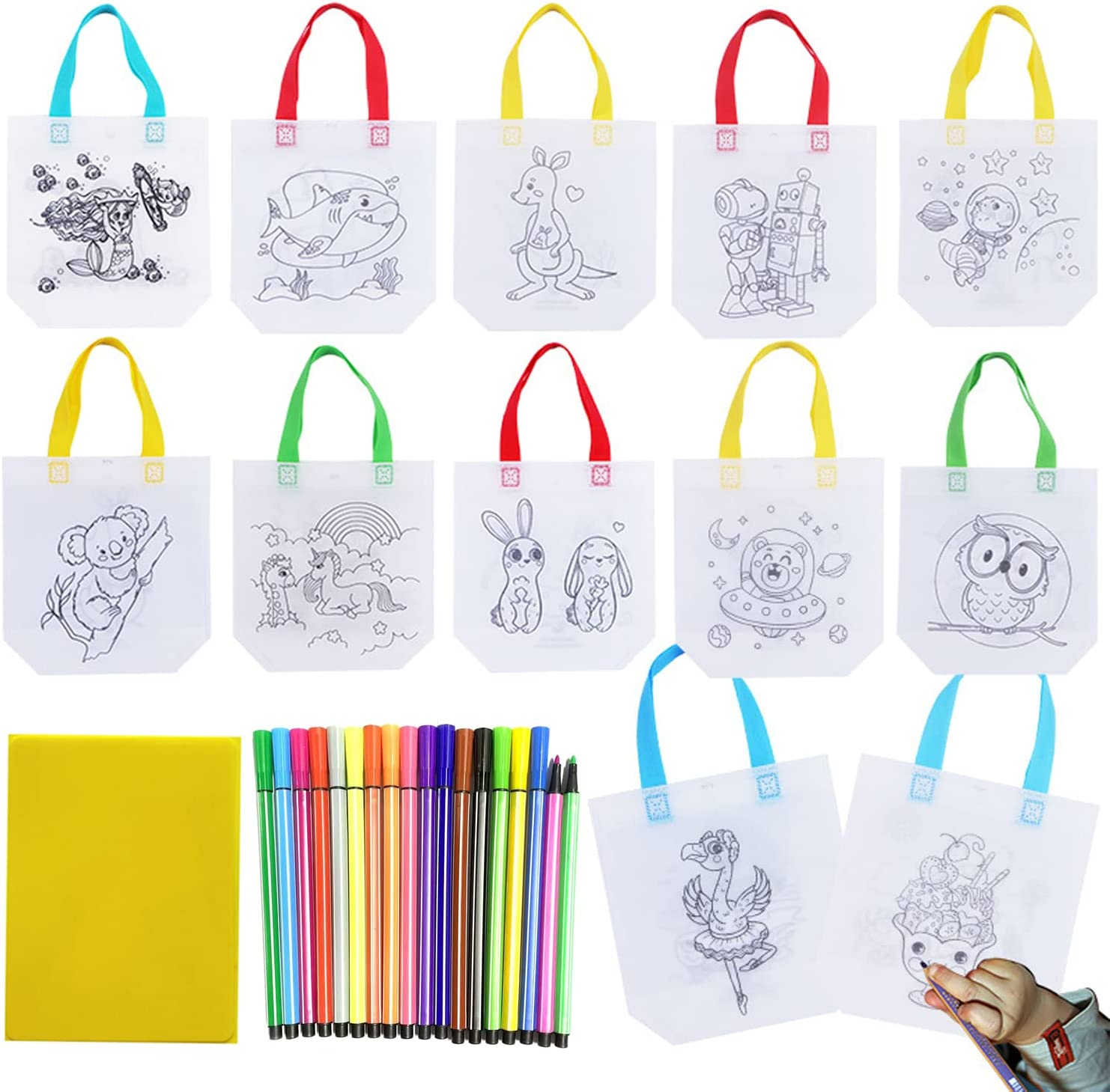 Manwetye 65 Pack Graffiti Goodie Bags for Kids Birthday Party Favors,Color Your Own Tote Bag Set,Eco Reusable Coloring Carnival Animal Art Party Bags(40 Bags +24 Color Pens +1 Pad) image number 3