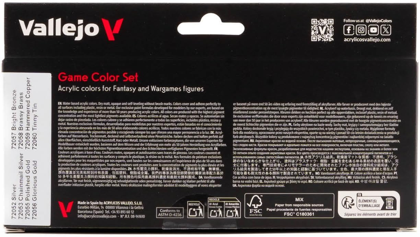 Vallejo Acrylicos S.L. VJ72303 Tabletop Supplies Game Colour Metallic Colours 8 Colour Set Modelling Kit 17ML image number 1