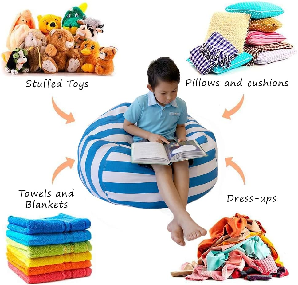 Kids Bean Bag Cover, Soft Toy Storage, Stuffed Animal Storage, Extra Large Bean Bag Chair - Fill W/ 200L to 300L Bean Bag Filling, Stuffed Toy Storage Organiser (Round Blue & White) - Round Blue And White Stripes image number 2
