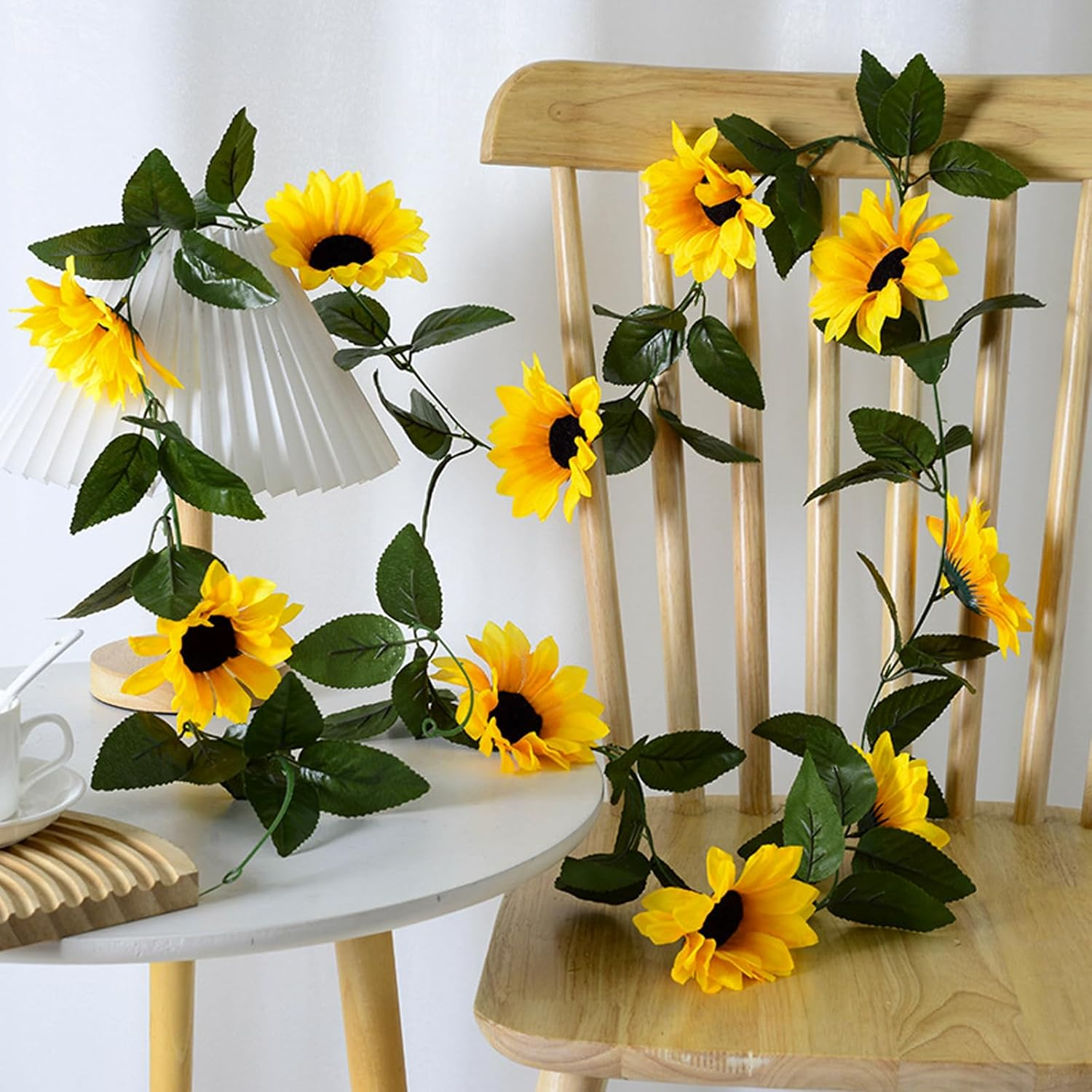 Bacucine 6Pcs Artificial Sunflower Garland 7.5Ft Silk Sunflower Hanging Vine Artificial Flowers with Green Leaves for Home Wedding Party Garden Table Decor image number 4